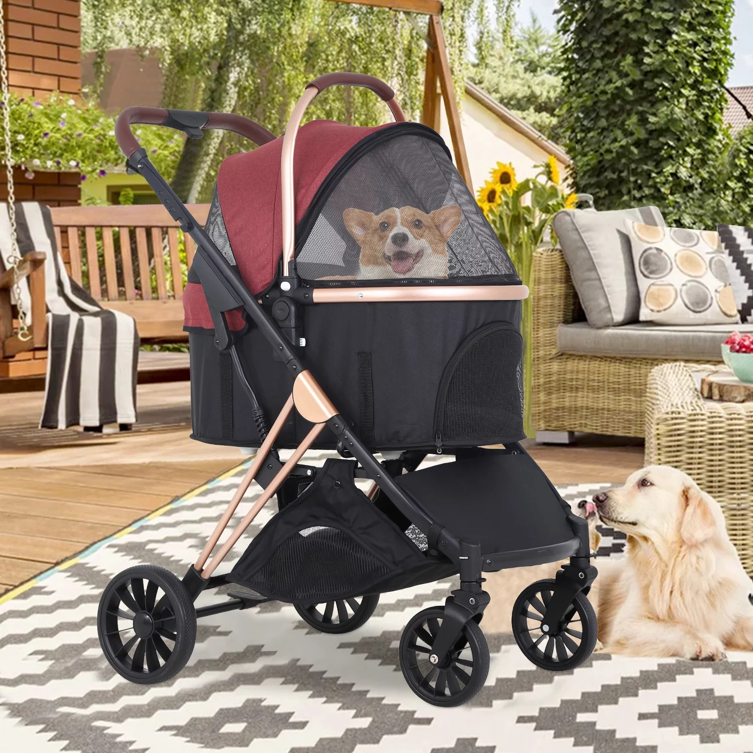 NiamVelo 3-in-1 Dog Cat Stroller for Small Medium Dogs, Premium Foldable Travel Pet Gear Stroller with Detachable Carrier 4 Wheel Wagons, Wine