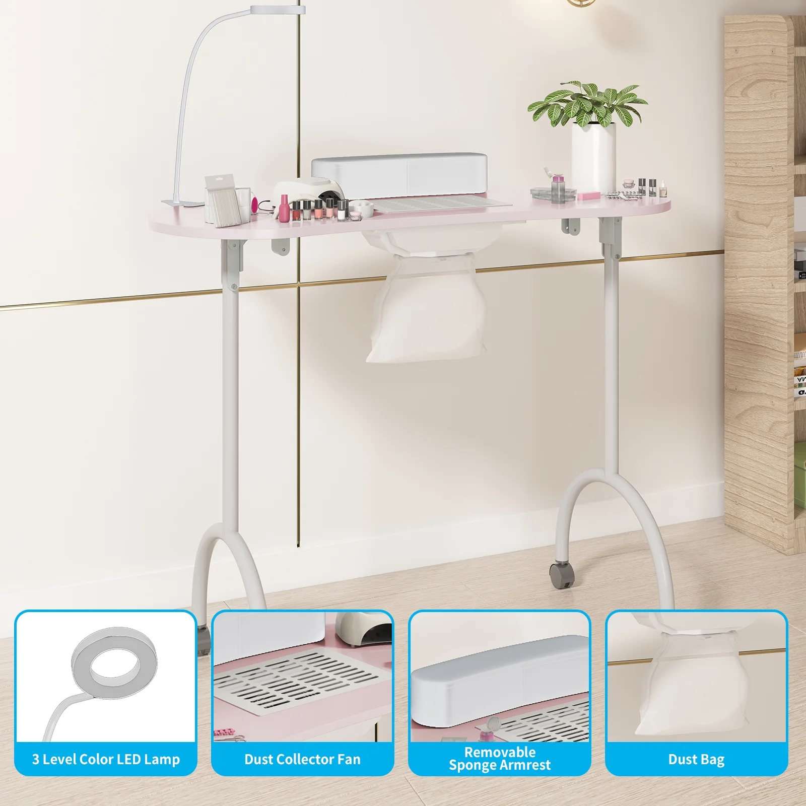 TABU Portable Folding Manicure Nail Table Station with Dust Collector Fan and Magnifying Glass Lamp,Pink