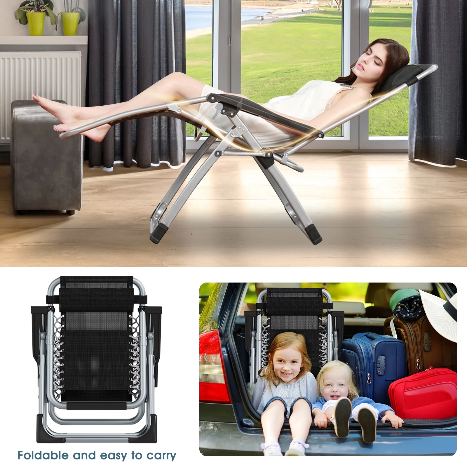 Slsy Zero Gravity Chair with with 2 Sided Cushion & Headrest, Lawn Recliner, Reclining Patio Lounger Chair, Folding Portable Chaise with Cup Holder