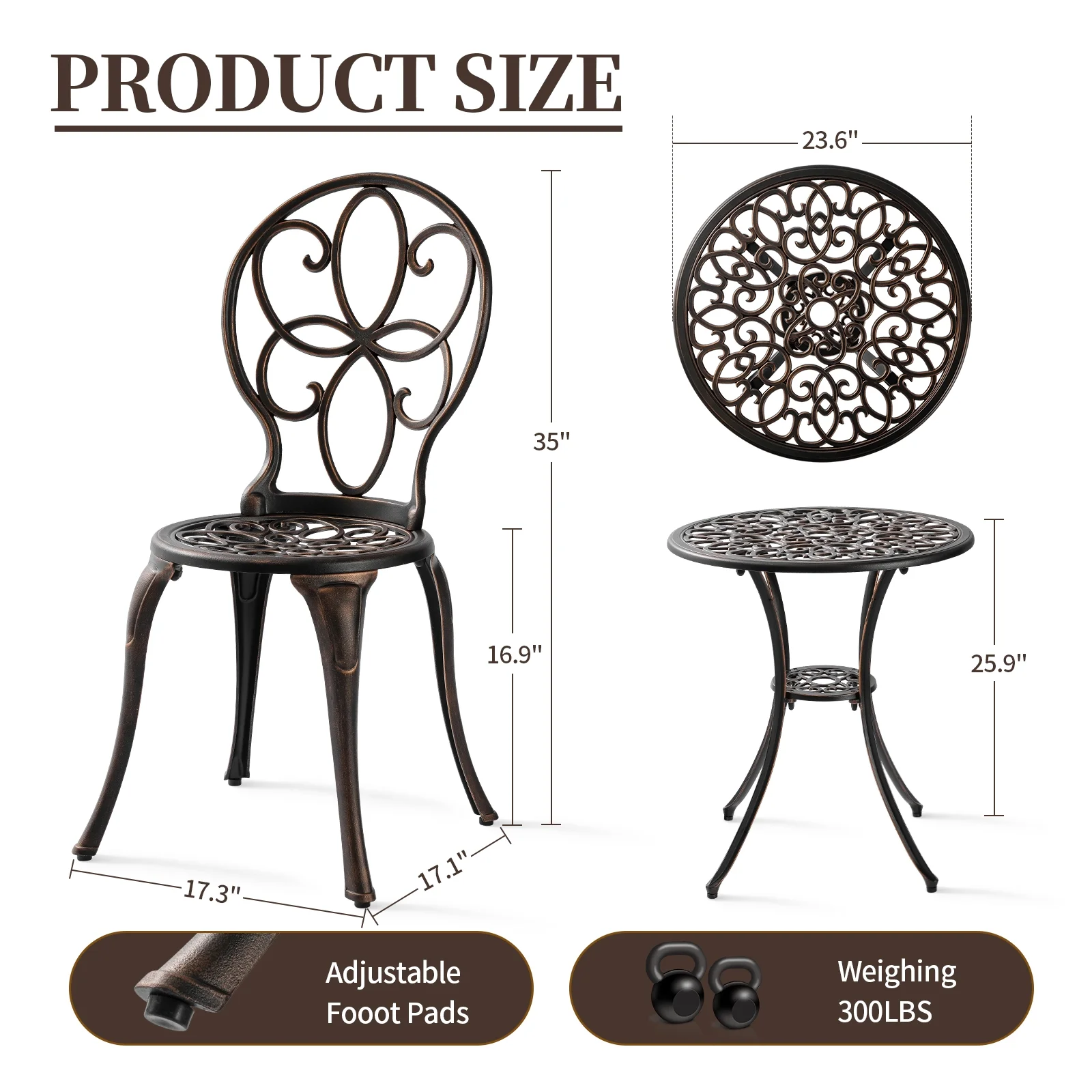 PATIO-IN 3 Piece Outdoor Bistro Set Cast Aluminum Patio Table and Chairs Set of 2 with Umbrella Hole,Metal Patio Furniture Set for Garden,Bronze