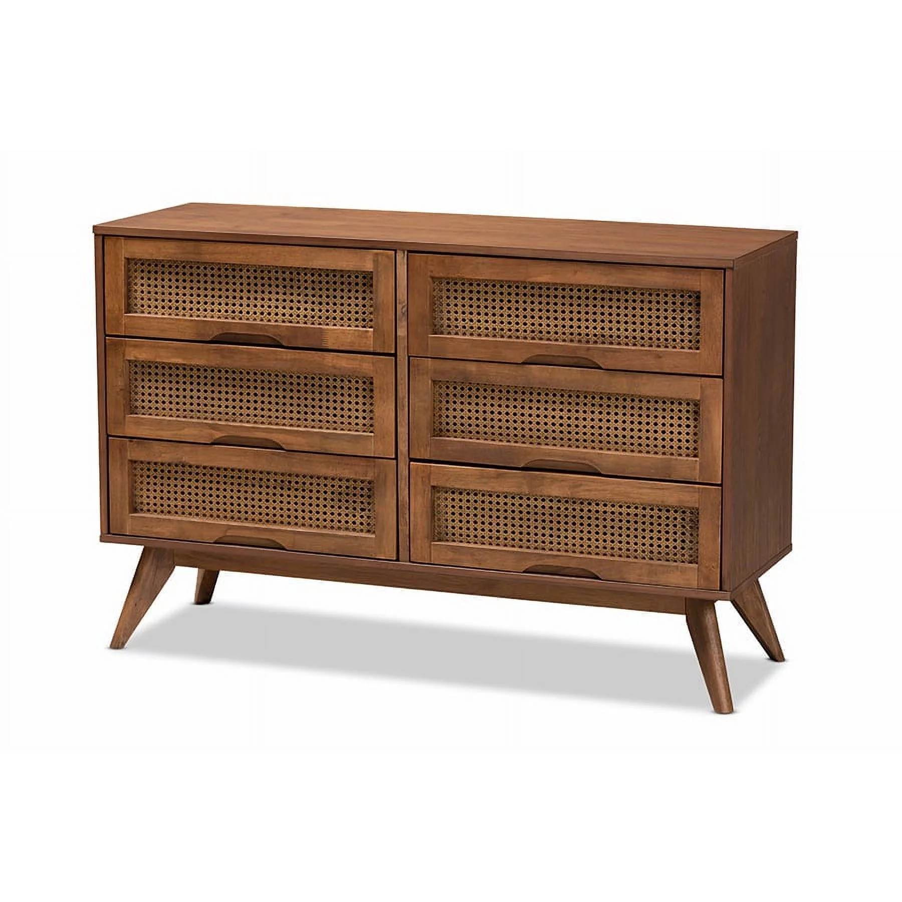 Baxton Studio Barrett Mid-Century Modern Walnut Brown Finished Wood and Synthetic Rattan 6-Drawer Dresser