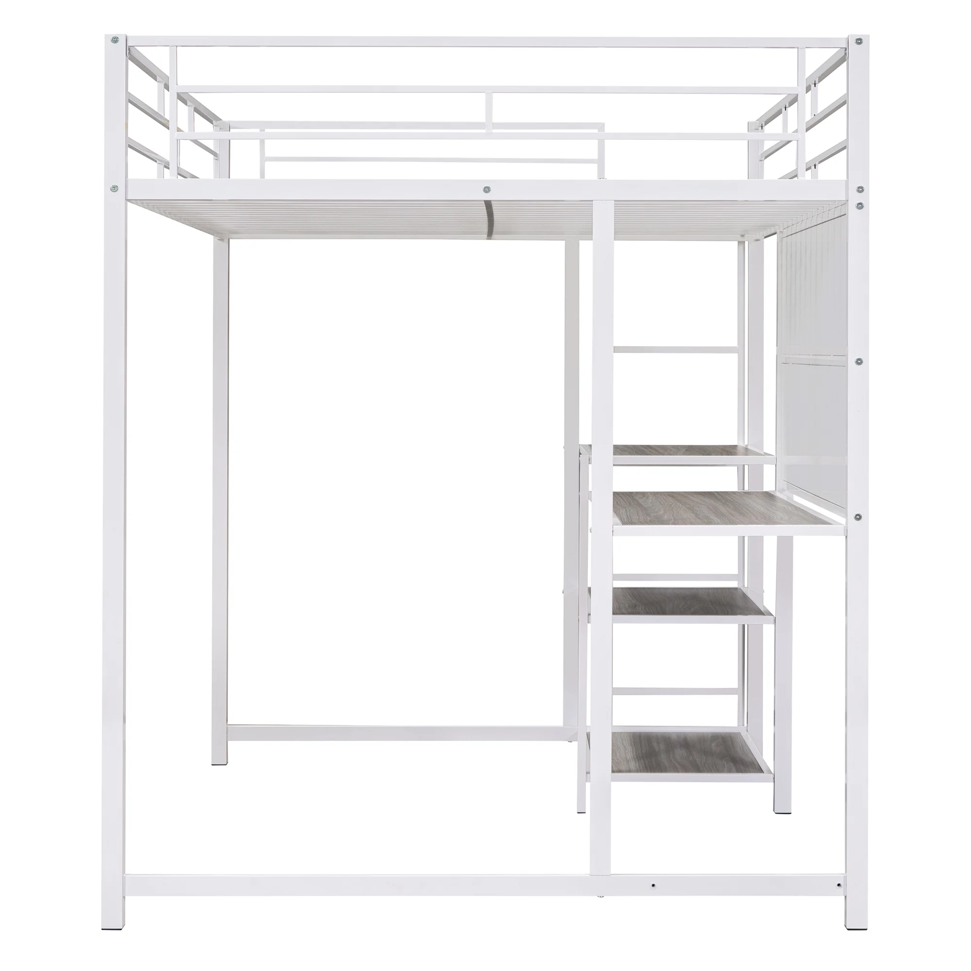 Sesslife Loft Bed for Kids, Full Size Loft Bed Frame with Desk and Whiteboard, Modern Metal Loft Bed with 3 Shelves and Ladder, White