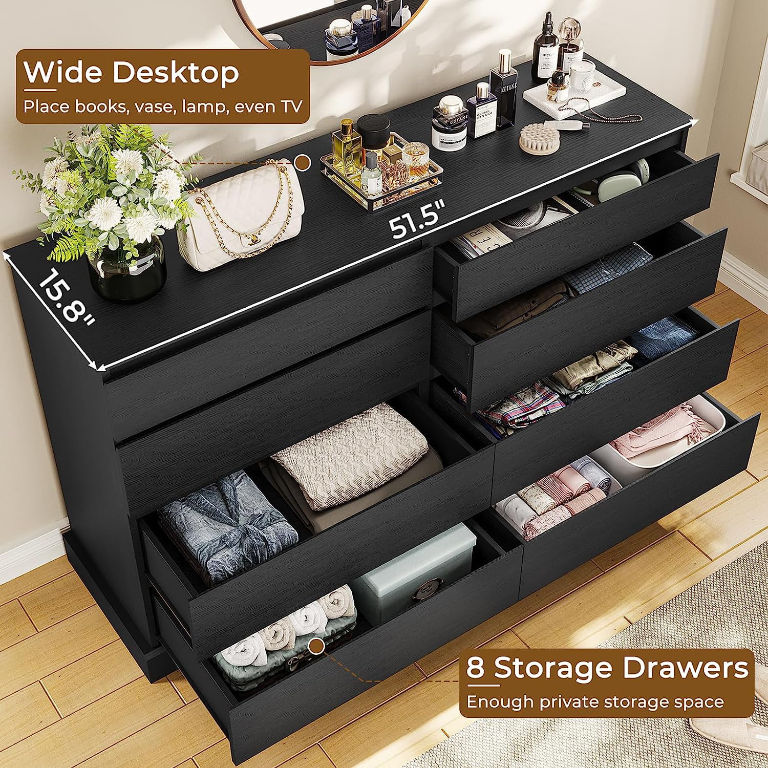 8 Drawers Double Dresser Wooden Black Dresser Chest of Drawers for Bedroom, Large Storage Cabinet for Home Living Room