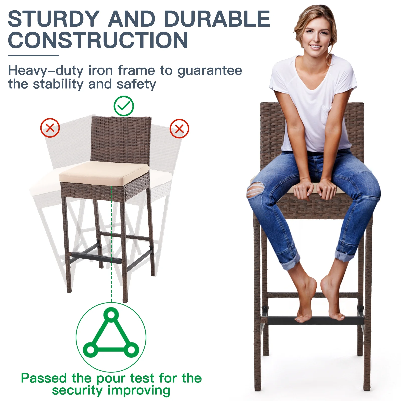 AVAWING Outdoor Wicker Rattan Bar Stools Set of 4 with Cushion for Backyard, Brown