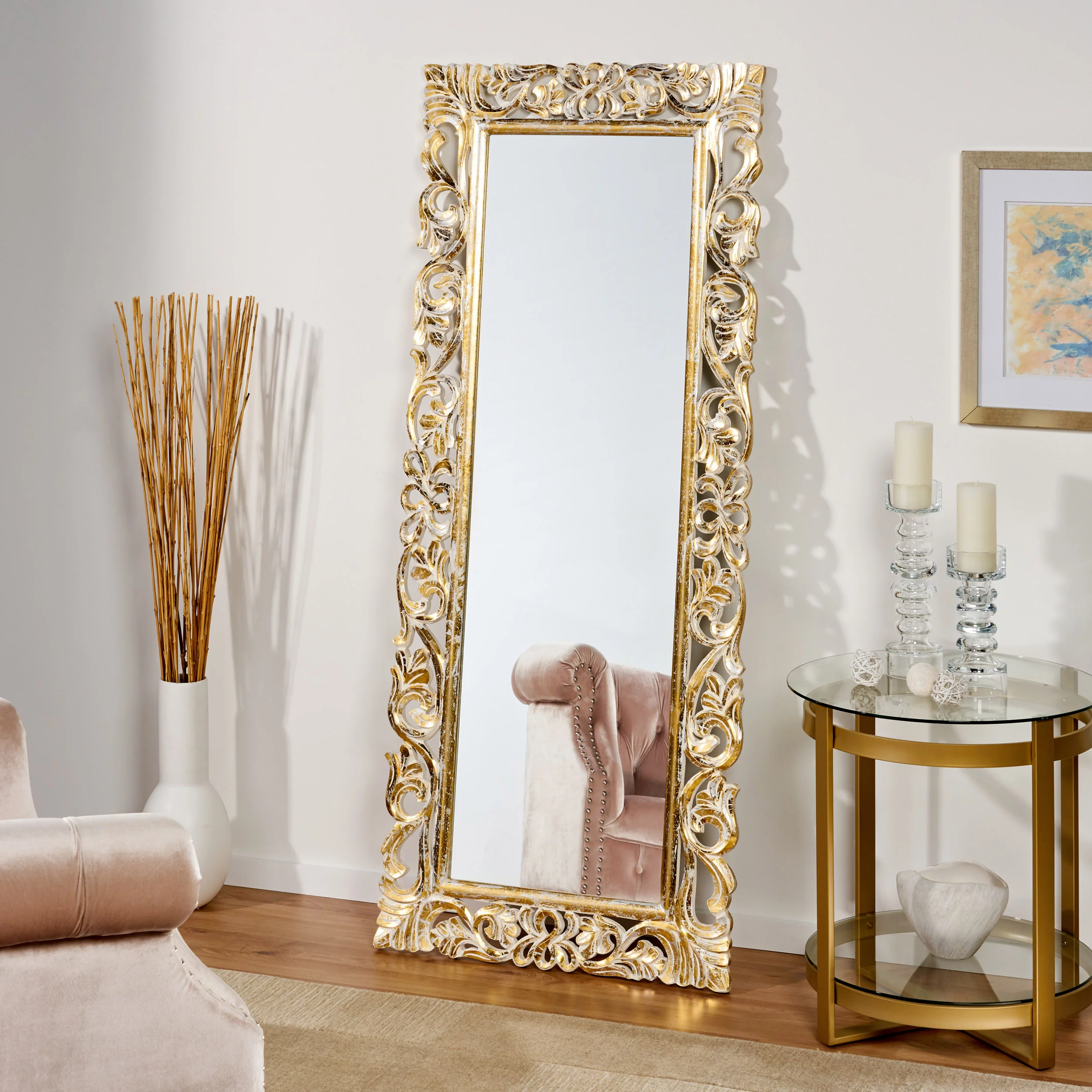 Noble House Koa Traditional Standing Mirror with Floral Carved Frame, Distressed White, Gold