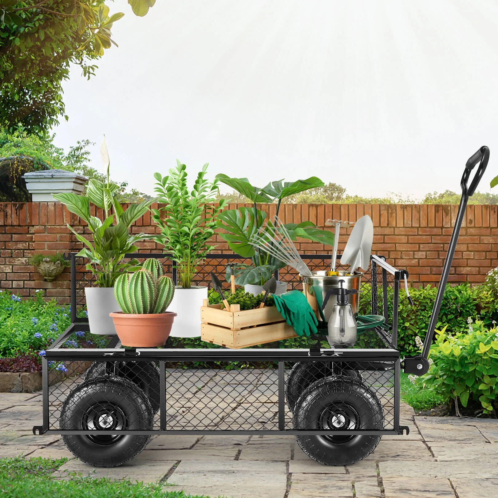 SEJOV Steel Garden Cart, Heavy Duty 660 LBS Capacity, with Removable Mesh Sides to Convert into Flatbed, Utility Metal Wagon with 180° Rotating Handle and 10