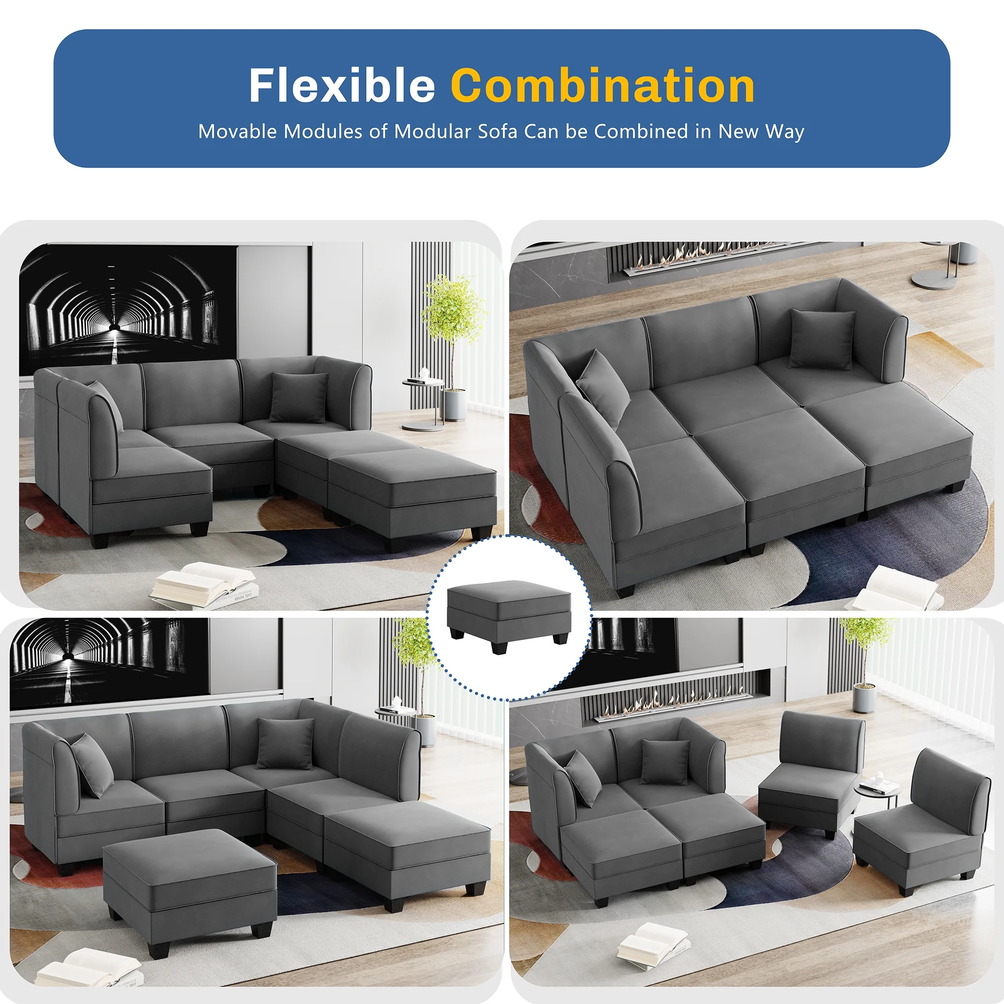 Walsunny Modular Sectional Sofa with Reversible Chaise, U-Shape Convertible Sectional Walsunny Couch with 6 Seats, Velvet Modern Sleeper with Ottomans