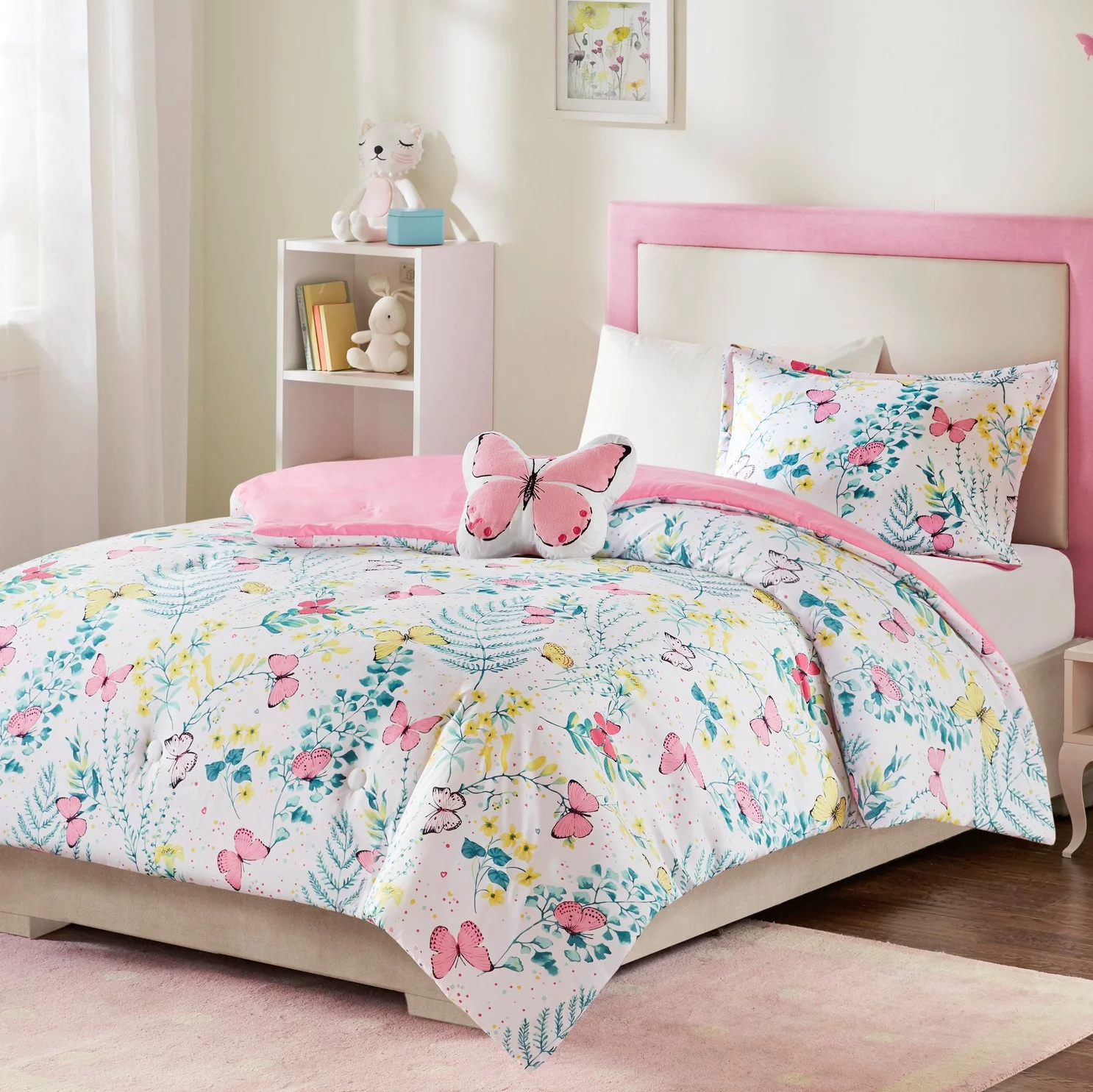 Mi Zone Kids Full/Queen Girl Comforter Set with Decor Pillow Pink Floral Butterfly All Season Kids Bedding 4Pcs