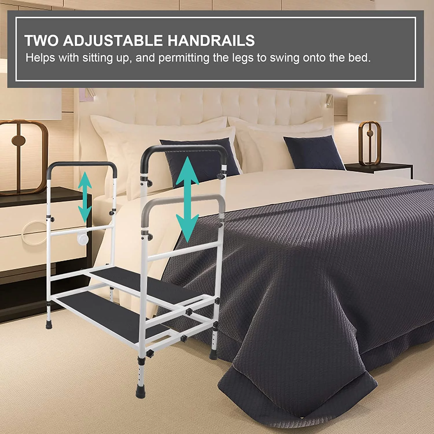 ARKANTOS Bed Step Stool with Adjustable Handrail and Sensor Light, Non-Slip, Holds up to 500lbs, Safety Bed Rail for Elderly, Pregnant, Handicapped