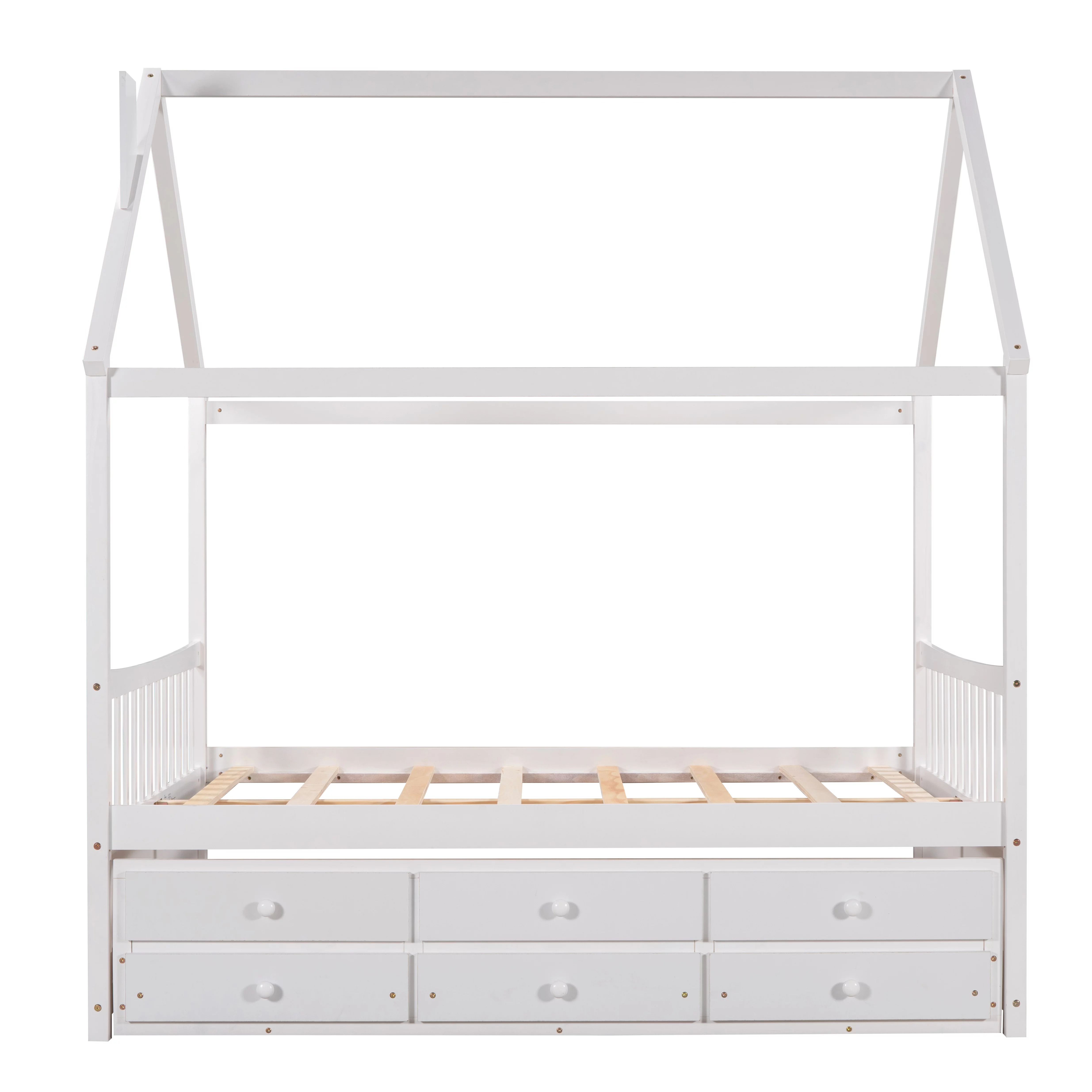 Bellemave Kids House Bed with Trundle and Drawers Full Size Platform Bed with Storage Playhouse Design Wooden Bed Frame With Roof and Headboard for Boys Girls Teens, White