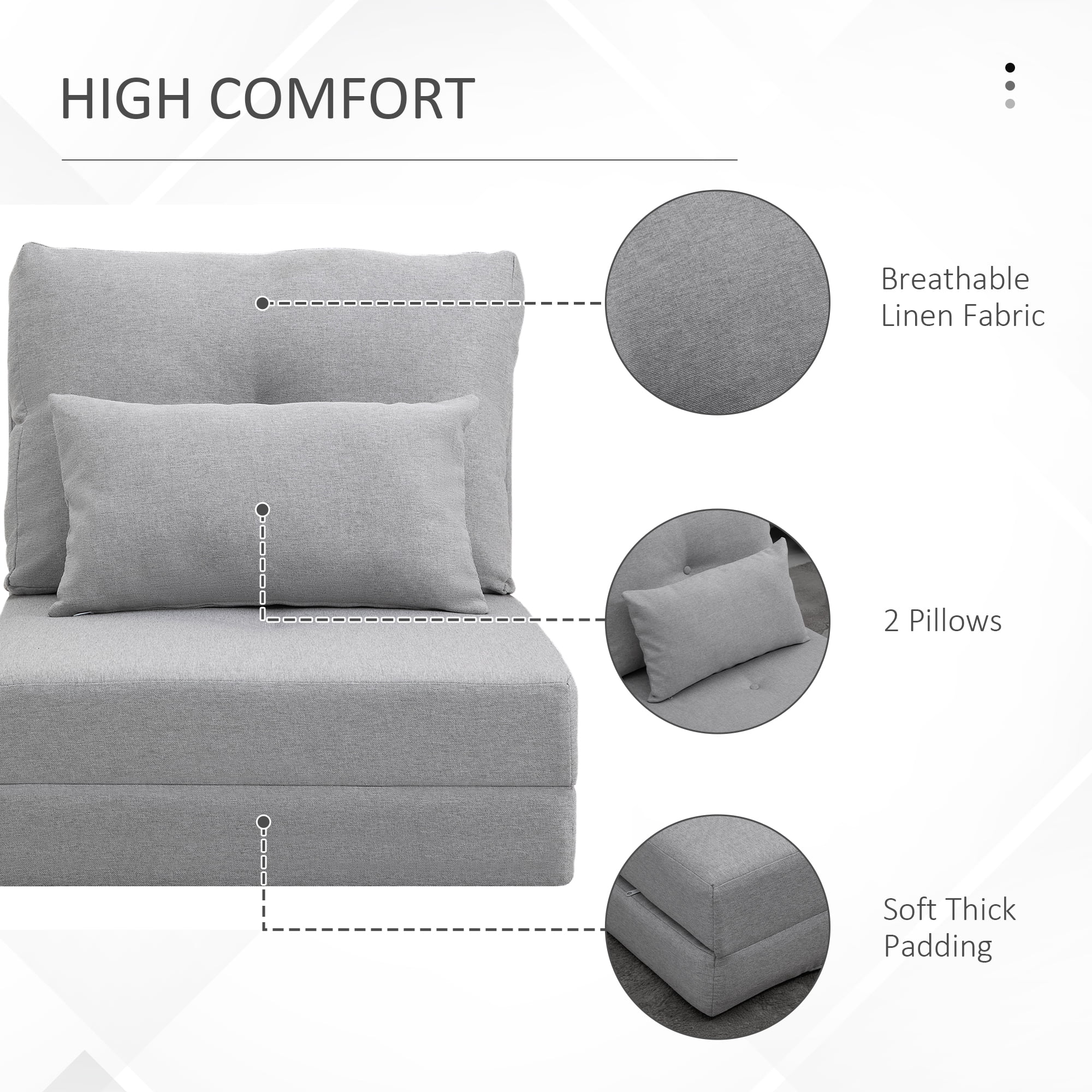 HOMCOM 2-in-1 Floor Adult Lazy Sofa Bed with 5 Position Adjustable Backrest, Light Gray