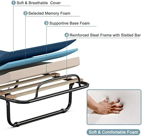 YZboomLife Folding Rollaway Bed with Mattress  Foldable Bed with Memory Foam Mattress for Adults  Portable Fold Up Guest Bed with Sturdy Steel Frame on Wheels for Home & Office  Made