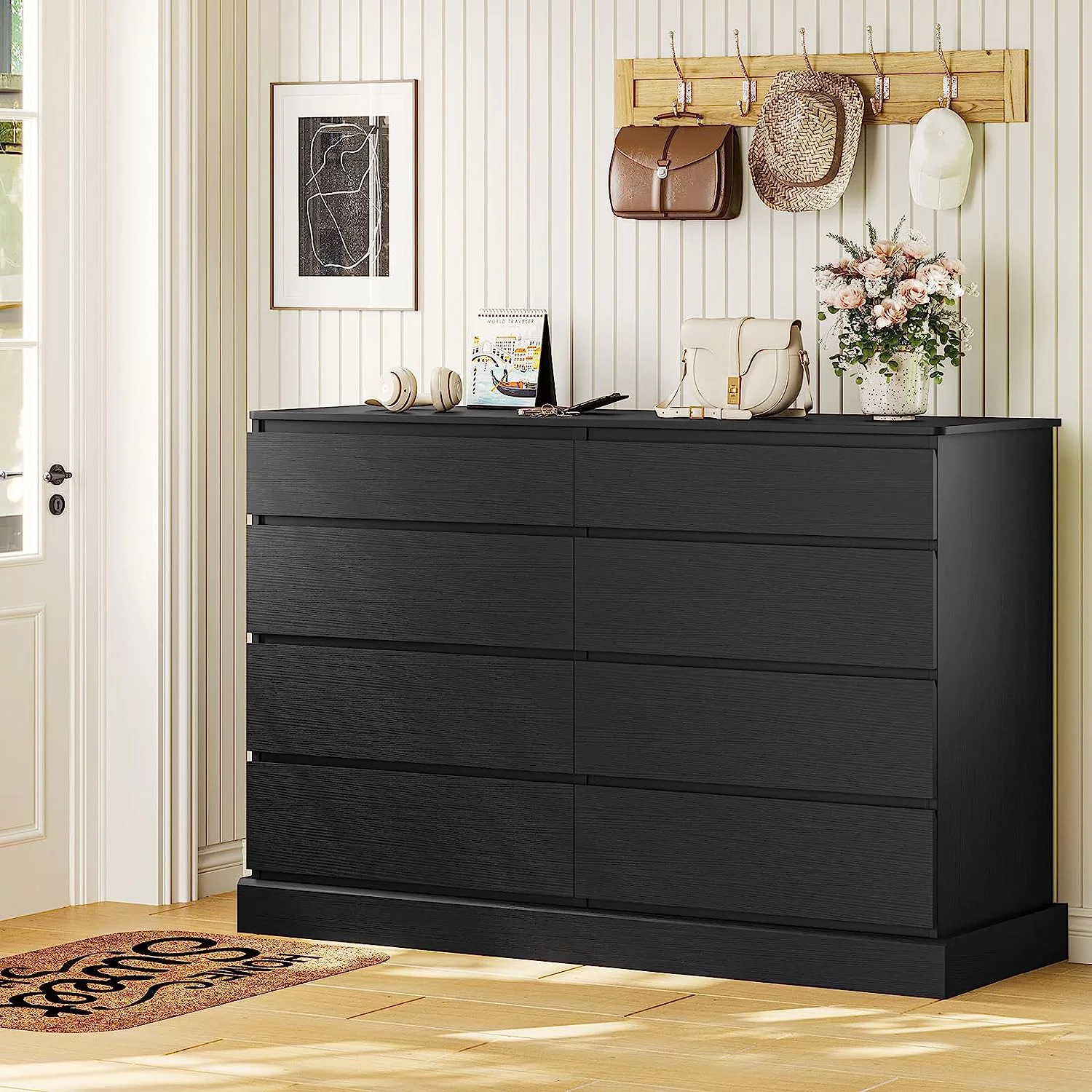 8 Drawers Double Dresser Wooden Black Dresser Chest of Drawers for Bedroom, Large Storage Cabinet for Home Living Room