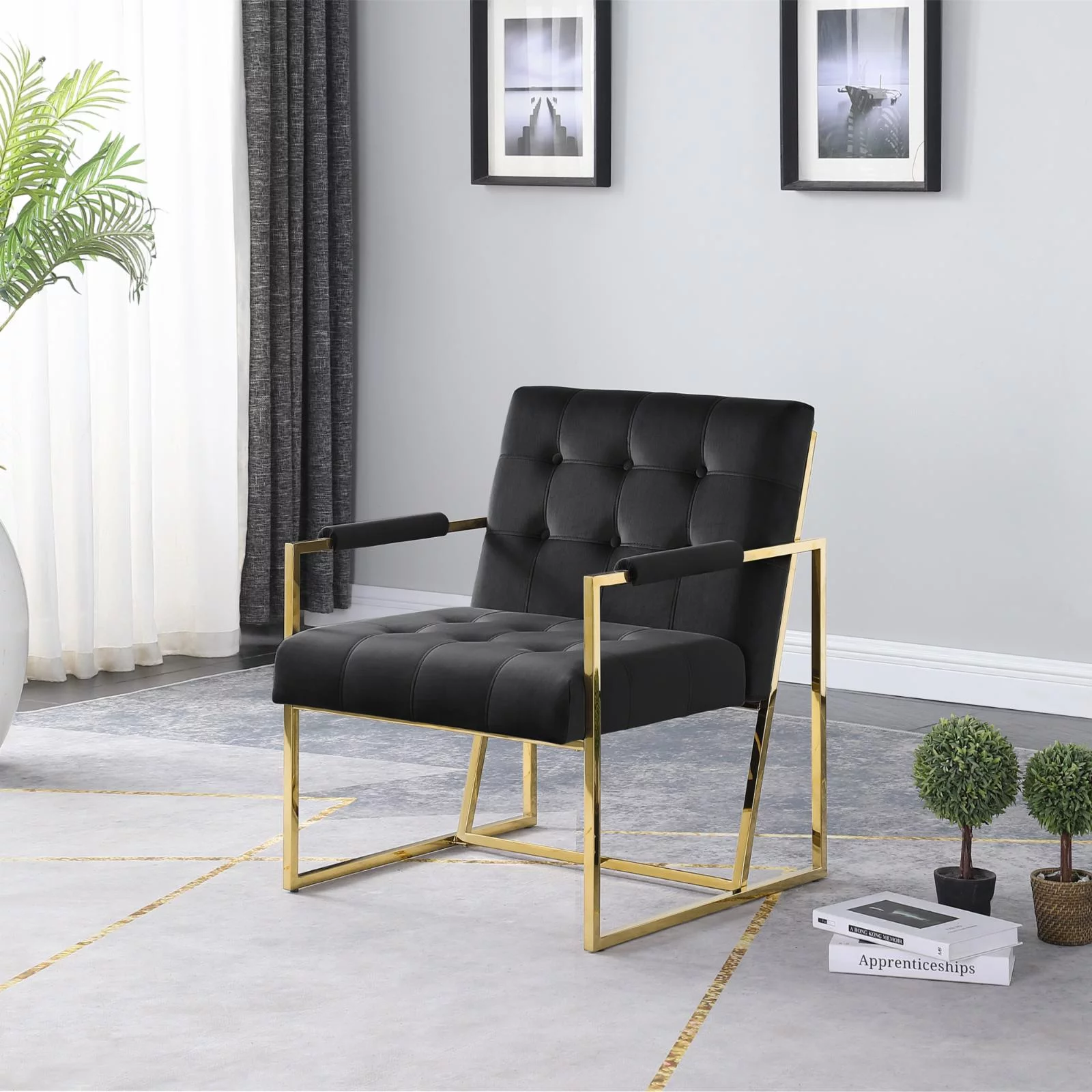 Louie Modern Velvet Tufted Arm Chair with Gold Frame