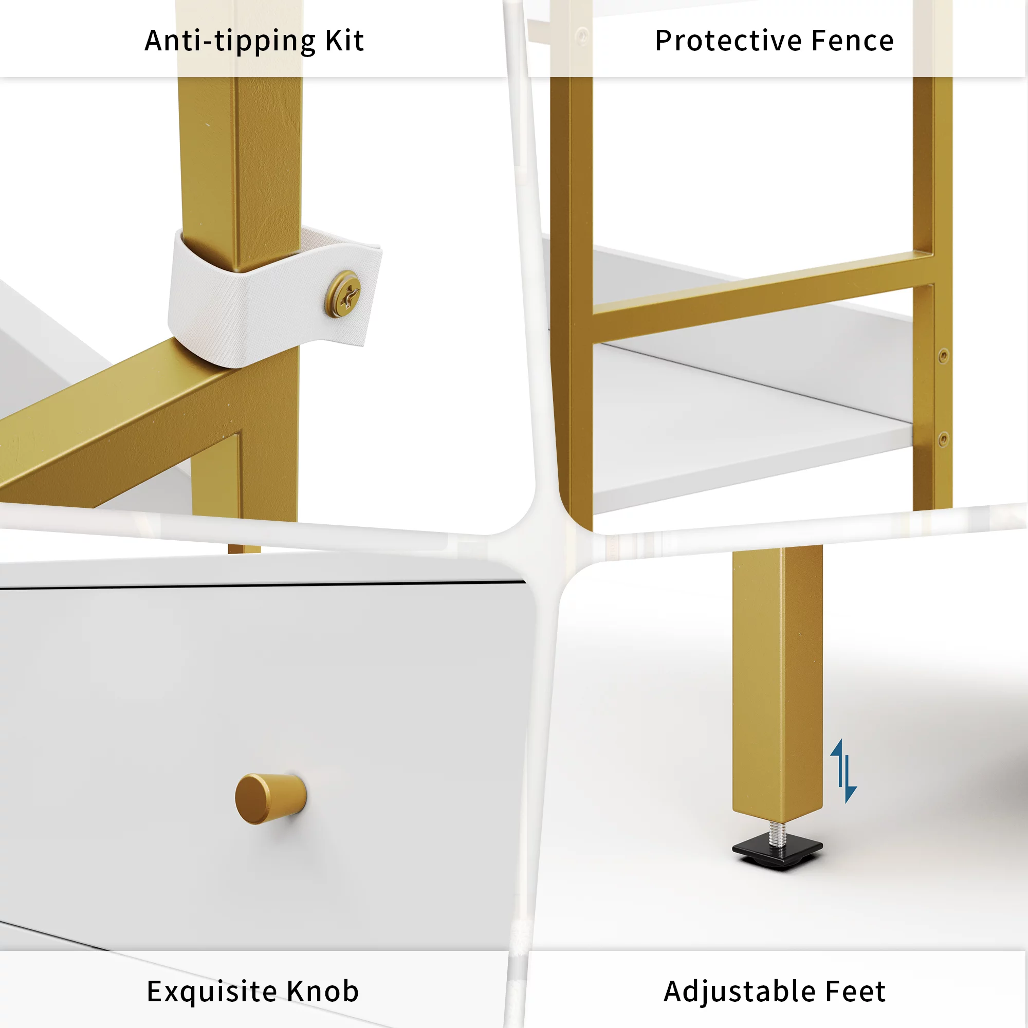 Homfa 4 Tier Gold Bookcase with 3 Drawers, Free Standing Bookshelf with Metal Frame for Office Study Room, White Finish