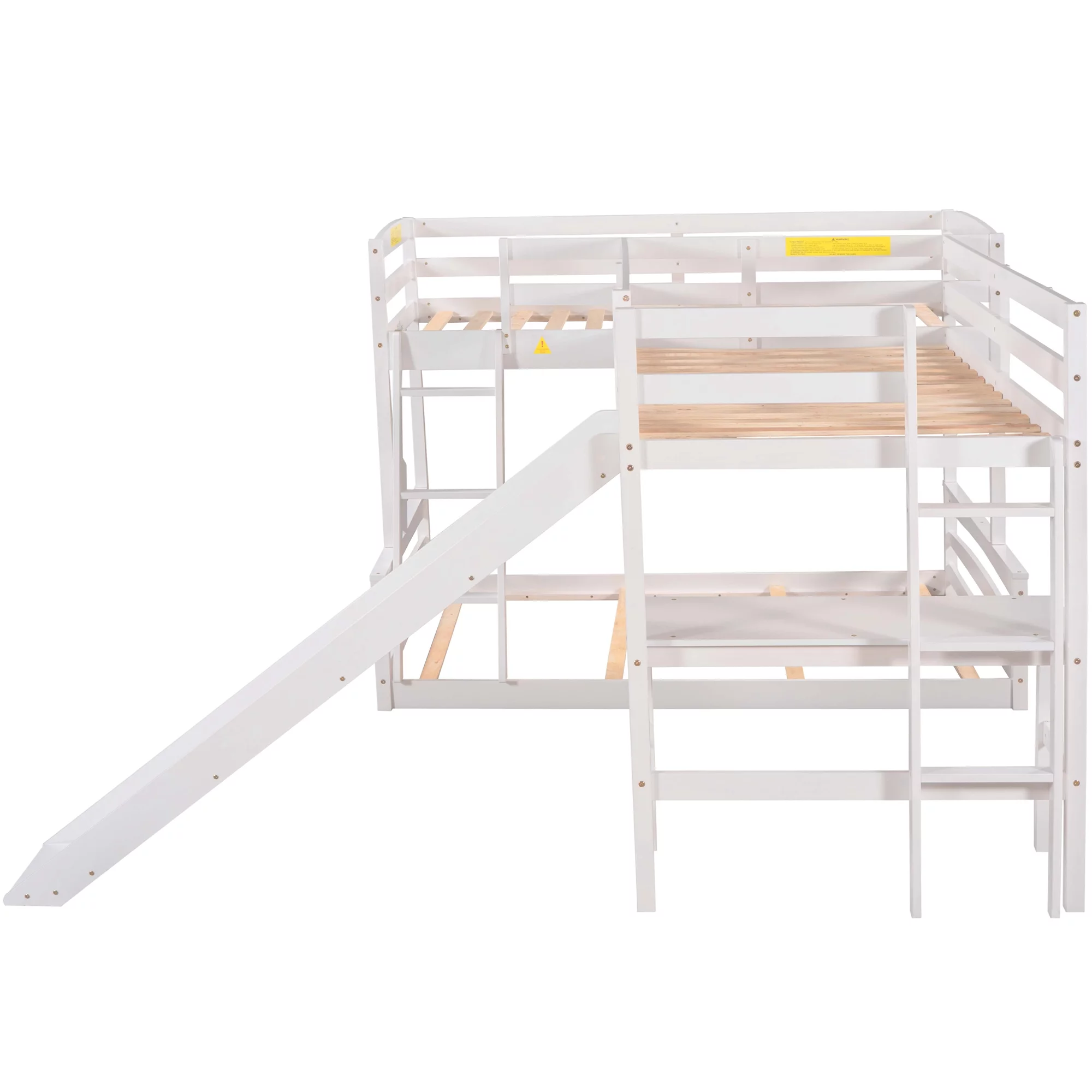 L Shaped Bunk Bed with Desk and Slide, Full-Length Guardrail, Wooden Twin over Full Bunk Corner Bed for Kids Teens Adults, 3 Beds in 1(White)