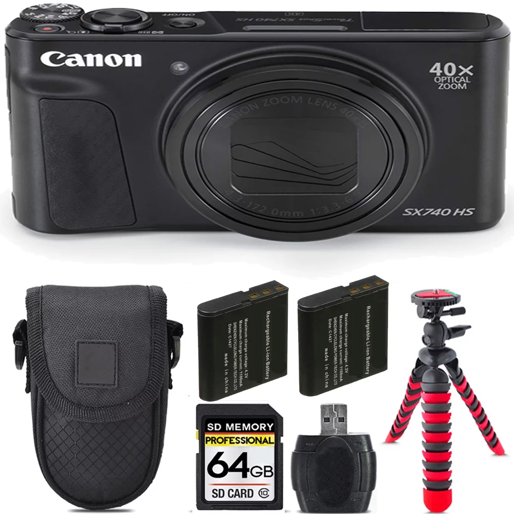 Canon PowerShot SX740 HS Digital Camera (Black) + Extra Battery +Tripod + Case -64GB Kit