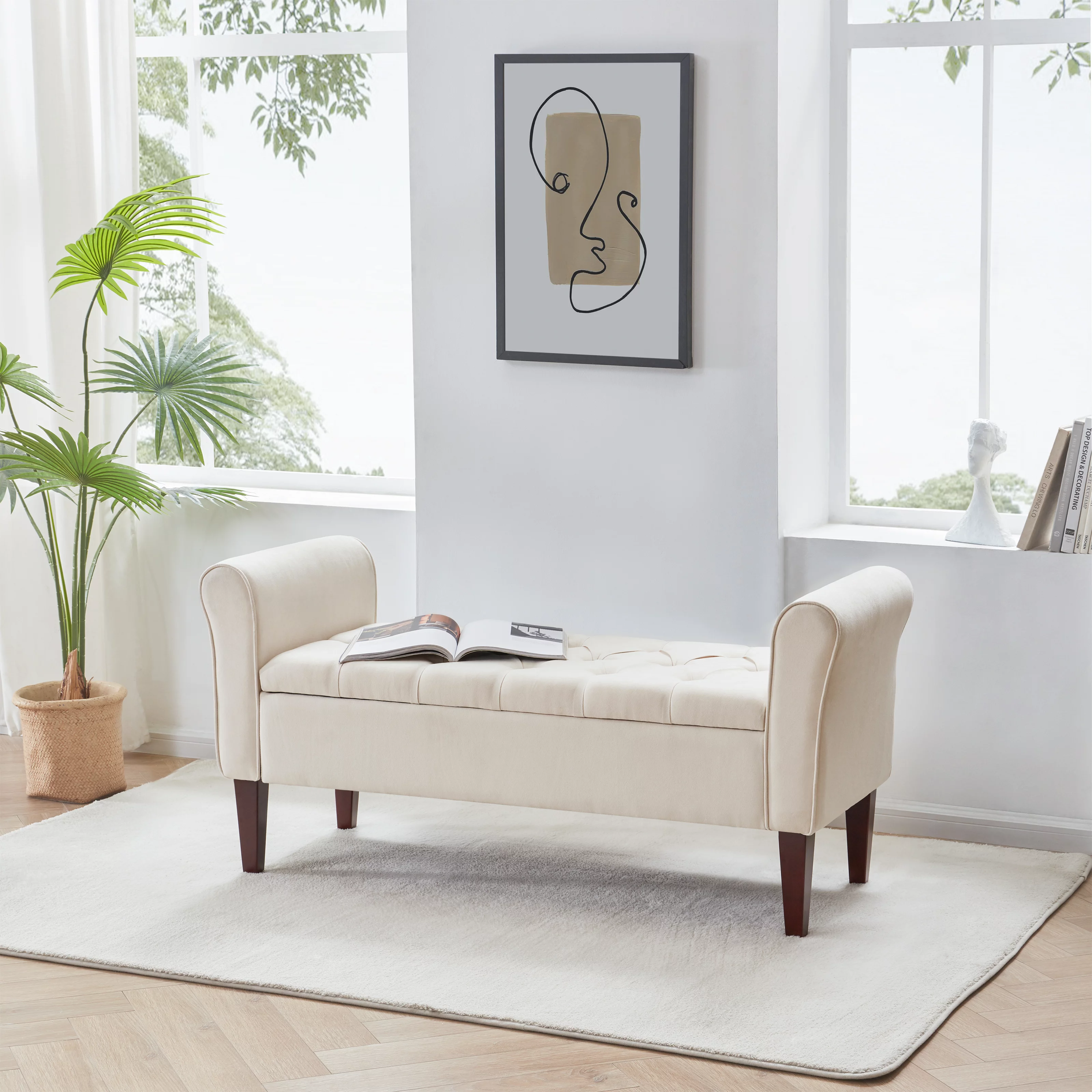 HUIMO Arm Storage Ottoman, Upholstered Window Sitting Bench for Bedroom,End of Bed Bench Indoor, Livingroom, Entryway (Beige)