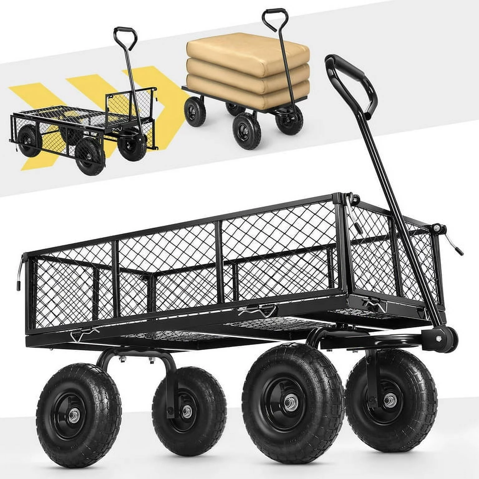 SEJOV Steel Garden Cart, Heavy Duty 660 LBS Capacity, with Removable Mesh Sides to Convert into Flatbed, Utility Metal Wagon with 180° Rotating Handle and 10