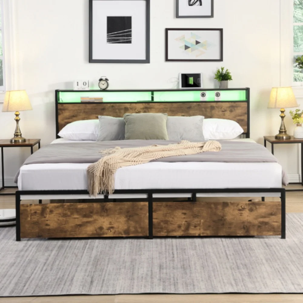 Queen Bed Frame, Storage Headboard with Charging Station, Solid and Stable, Noise Free, No Box Spring Needed, Easy Assembly  Antique brown + Metal & Wood + Bedroom + Queen + Bed Frame + Metal