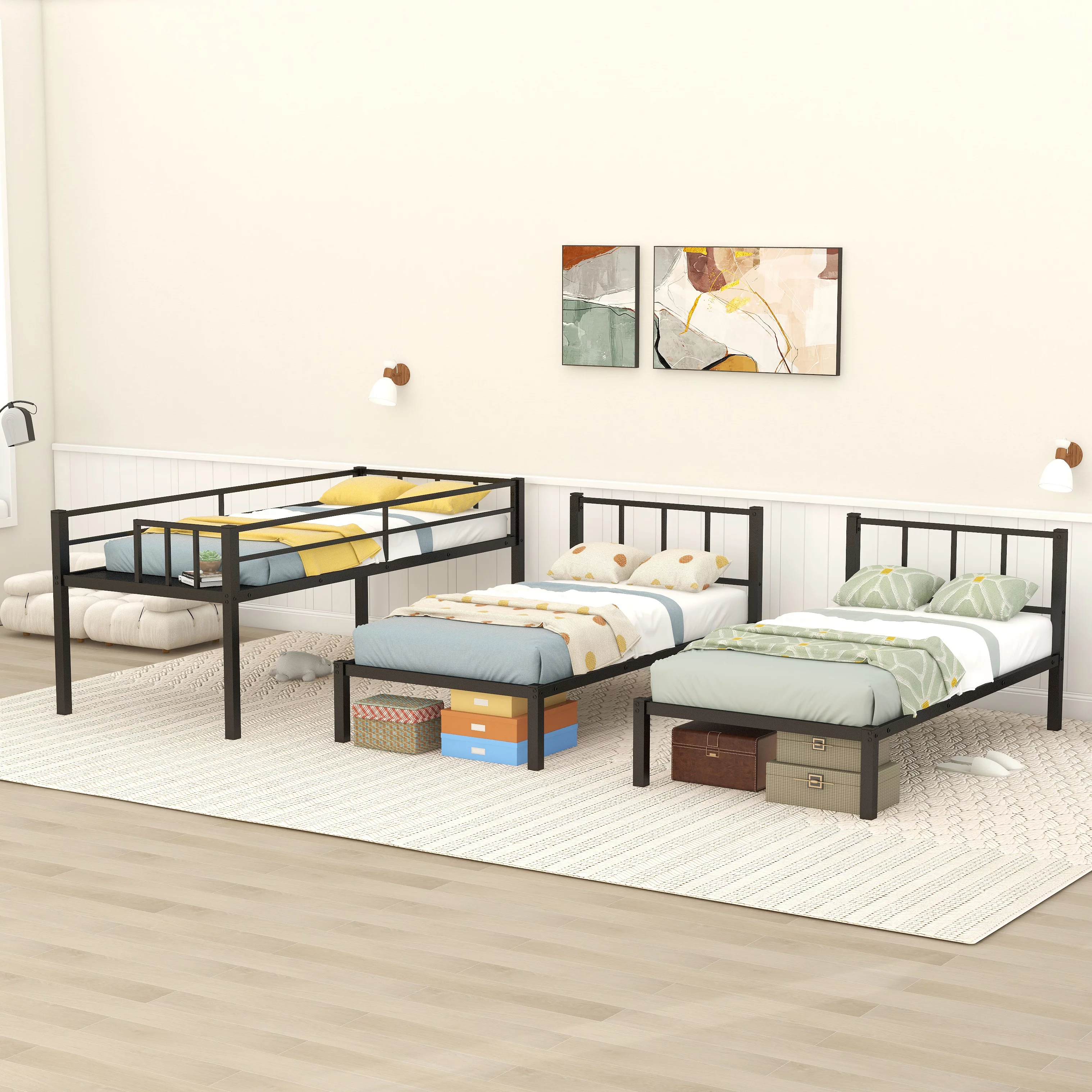 Metal Triple Bunk Bed for 3,Twin over Twin&Twin Size Bunk Bed with Built-in Shelf,Can be divided into 3 Separate Bed,Heavy-Duty Steel Bed Frame for Kids Teens Adults (Black)