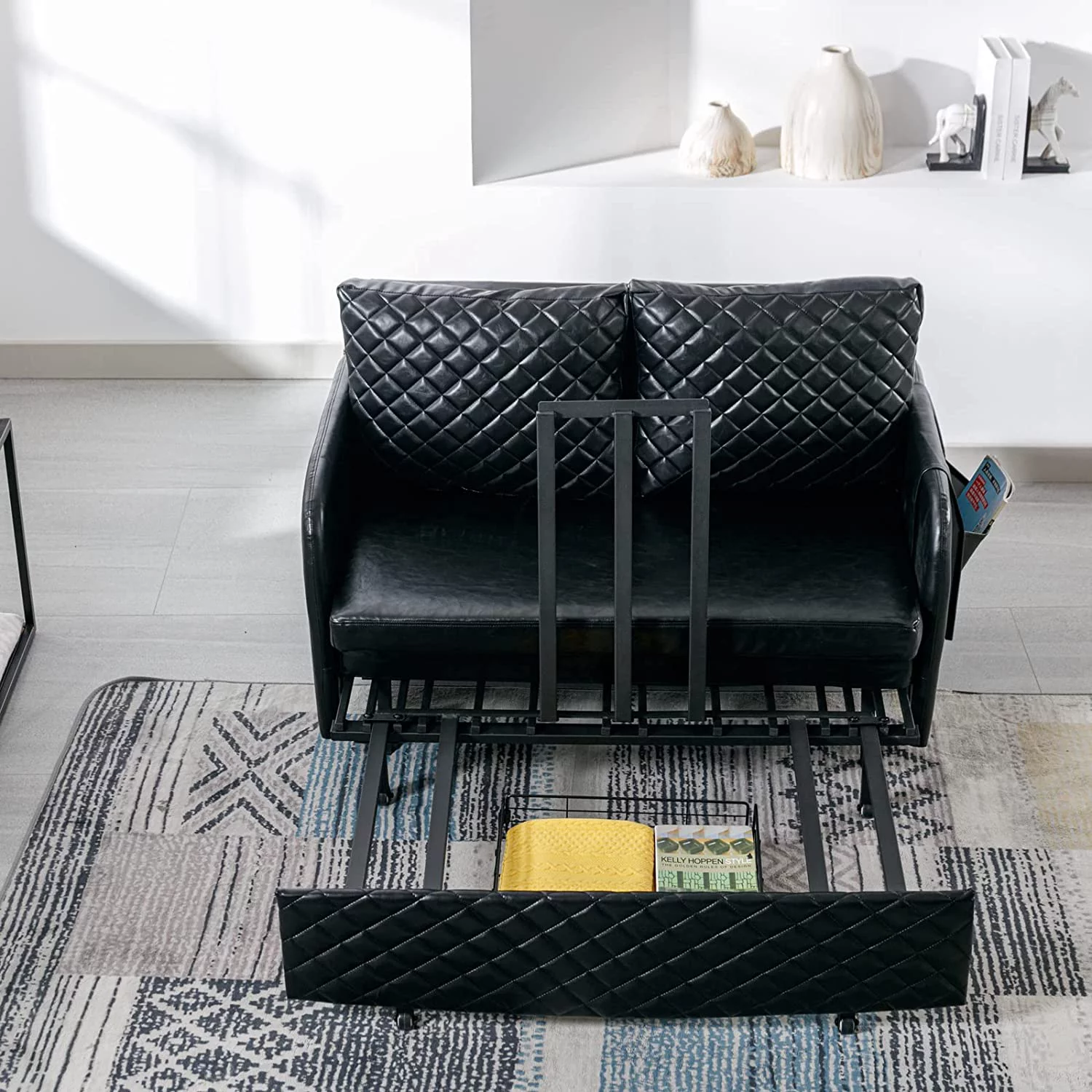 Tabaray Leather Loveseat Sleeper Sofa Bed,2 Seat Arm Chair with Side Pocket and Cushions,Mini Pull Out Couch for Bedroom,Office,Living Room,Small Space (Black Leather)