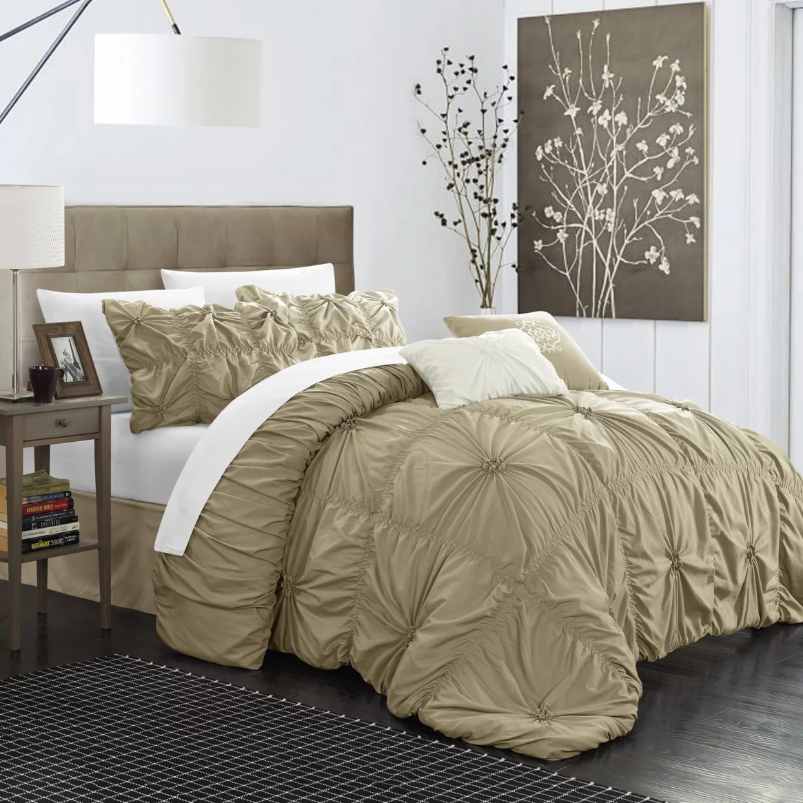 Hilton 10 Piece Comforter Set Floral Pinch Pleated Ruffled Designer Embellished Bed in a Bag Bedding