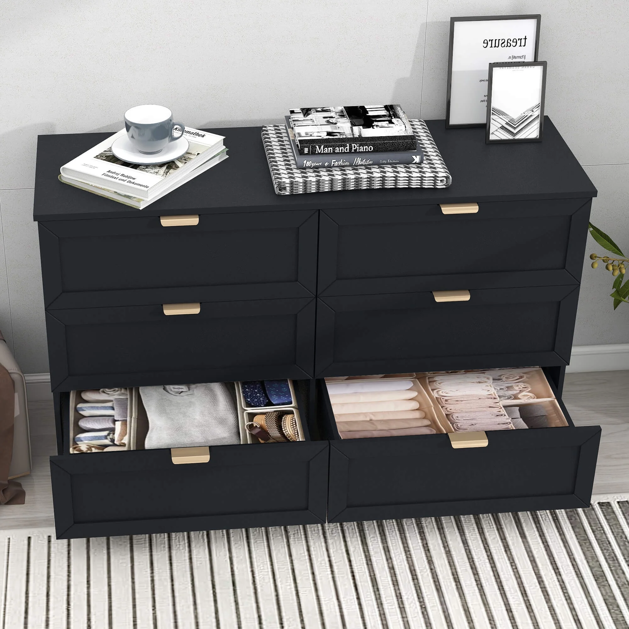 6 Drawer Dresser for Bedroom, Modern Long Dresser Chest With Large Drawer, Wooden Chest of Dresser Storage Cabinet Organizer Unit Black