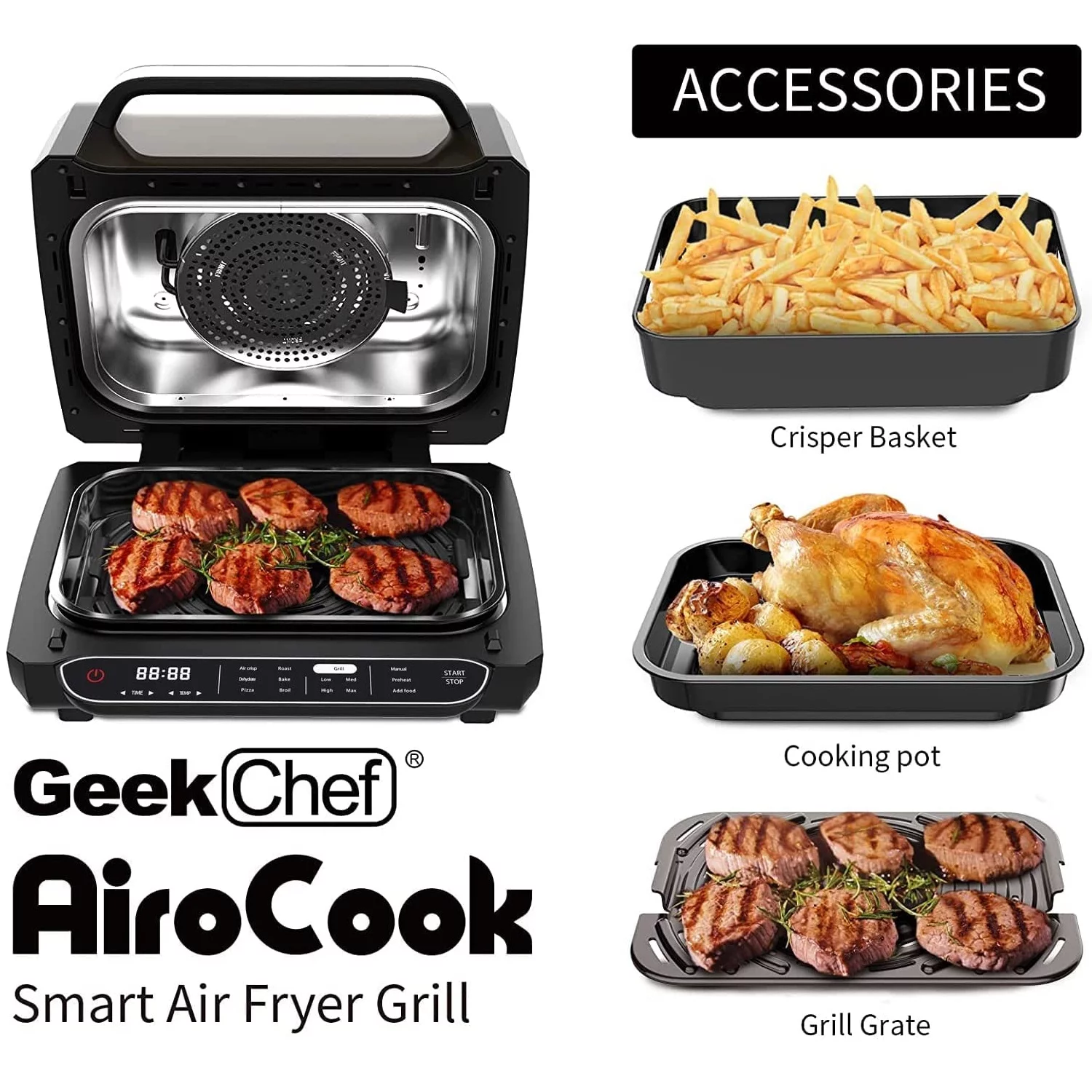 Smart Air Fryer Indoor Grill Combo, 7-in-1 Electric Grills Smokeless & Oilless Cooker, Roast, & Bake Temp & Time Control Grills, with Removable Non-stick Grill Plate