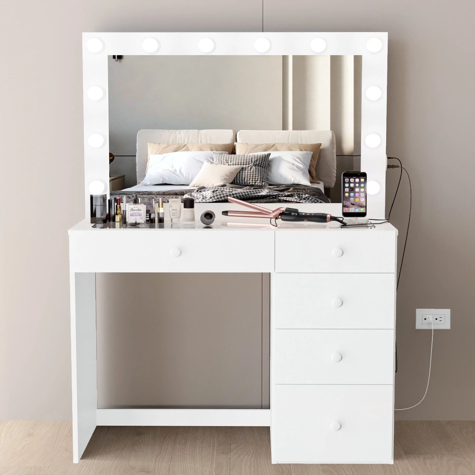 Boahaus Alana Vanity Desk with Mirror and Lights, Basic Knobs, 5 Drawers, White