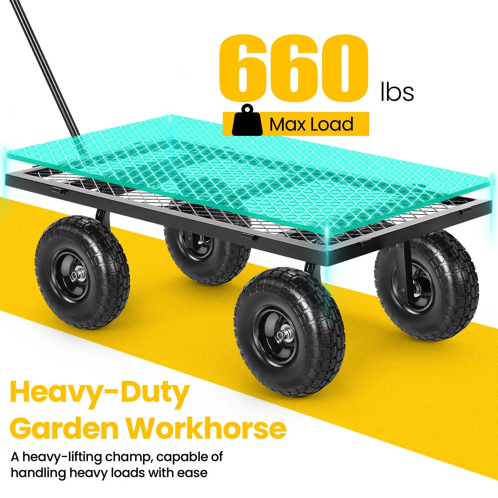 SEJOV Steel Garden Cart, Heavy Duty 660 LBS Capacity, with Removable Mesh Sides to Convert into Flatbed, Utility Metal Wagon with 180° Rotating Handle and 10