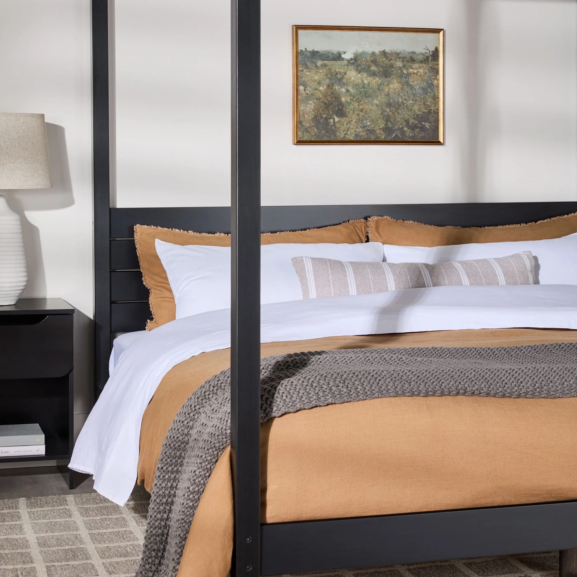 Walker Edison Minimalist Solid Wood King-Size Canopy Bedframe, Black