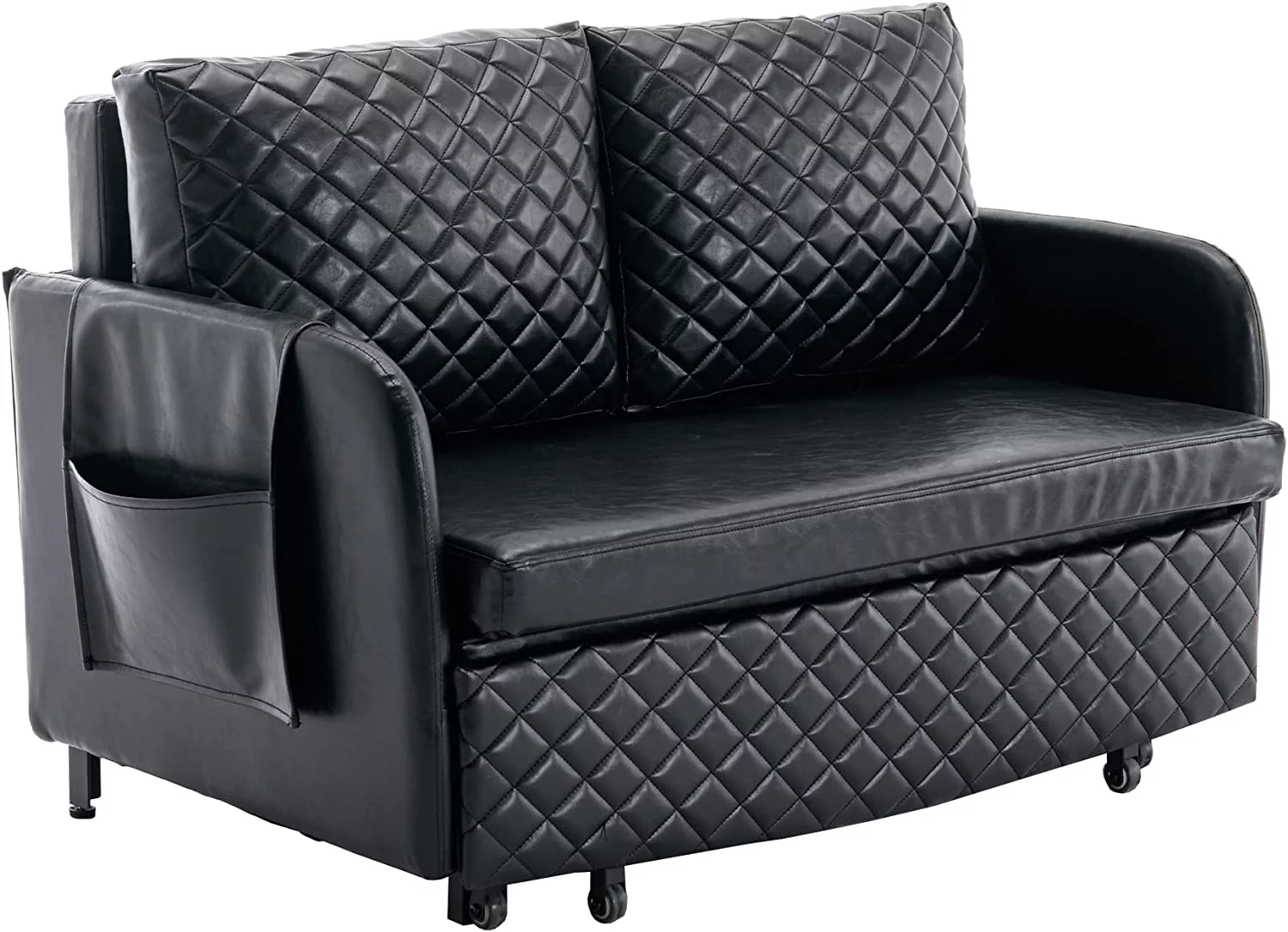 Tabaray Leather Loveseat Sleeper Sofa Bed,2 Seat Arm Chair with Side Pocket and Cushions,Mini Pull Out Couch for Bedroom,Office,Living Room,Small Space (Black Leather)