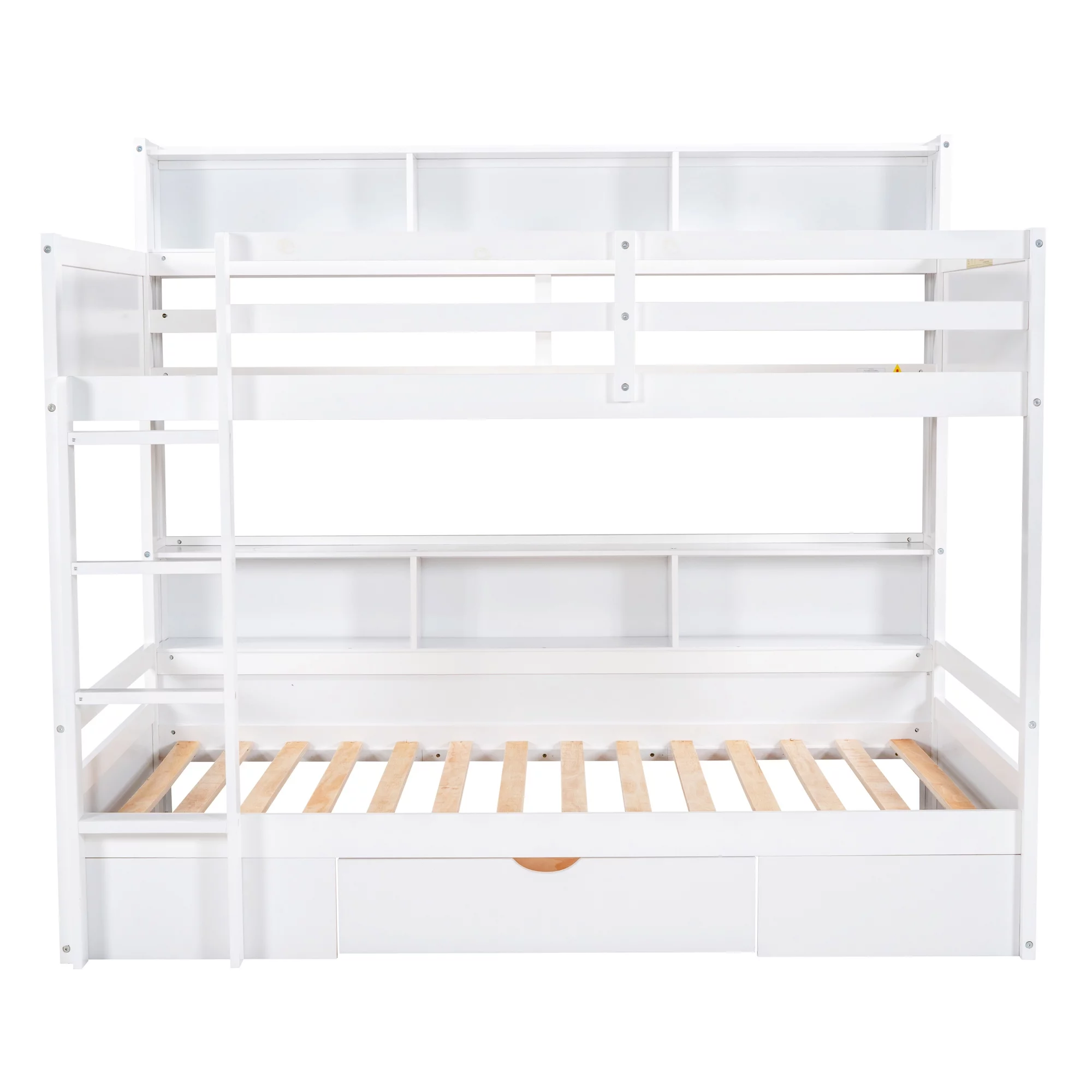 iRerts Twin Over Twin Bunk Bed with Storage Drawer, Wood Twin Bunk Bed with Built-in Shelves Beside Both Upper and Down Bed, Bunk Bed Twin Over Twin for Kids Teens Bedroom, No Box Spring Needed, White