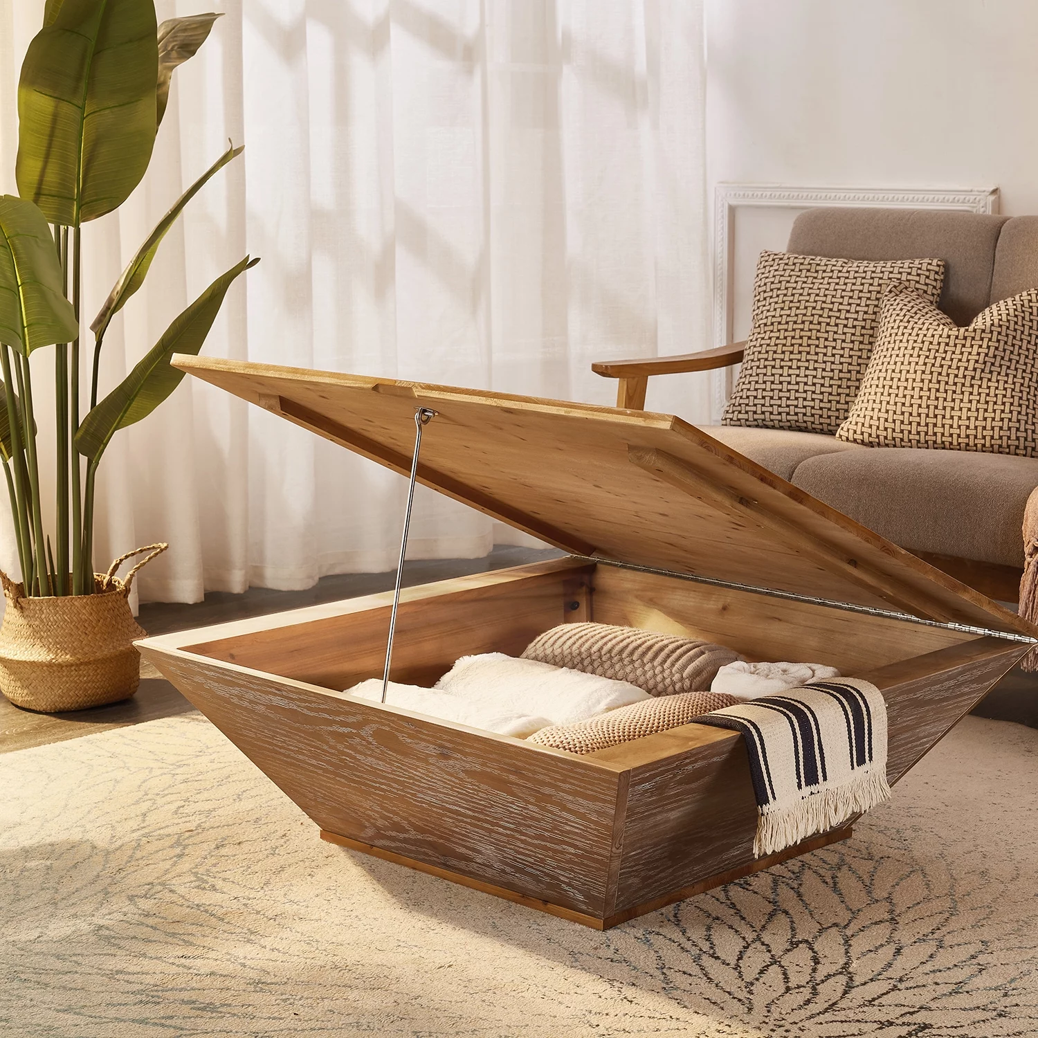 Gexpusm Farmhouse Coffee Table with Storage, Retro Square Wood Center Table for Living Room