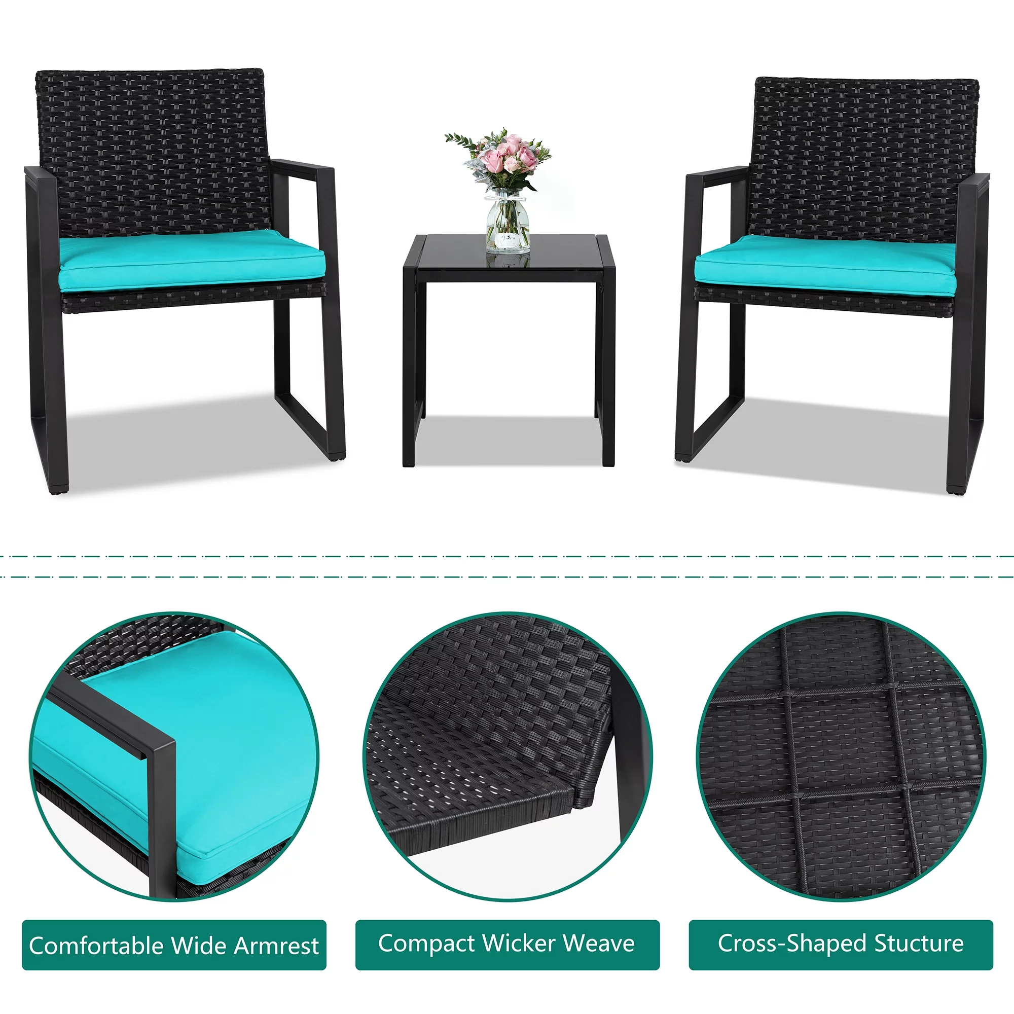 3 Piece Patio Bistro Sets, Outdoor Rattan Chairs & Black Wicker Furniture Conversation Set Blue