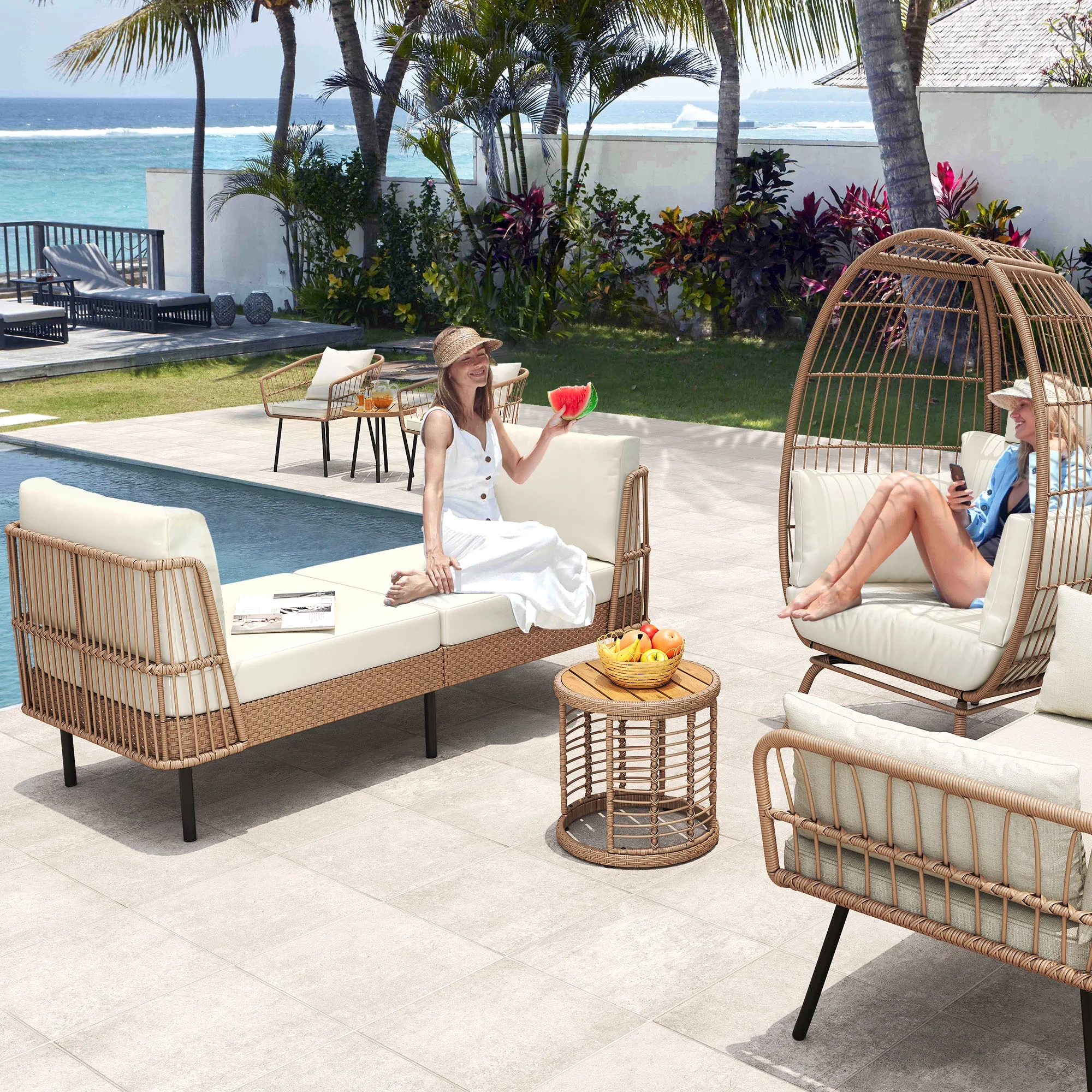 DWVO 74in Outdoor Daybed Wicker Patio Sofa Bed With Thickness Cushion Indoor Bed Lounger for Balcony Garden Deck Lawn - Beige