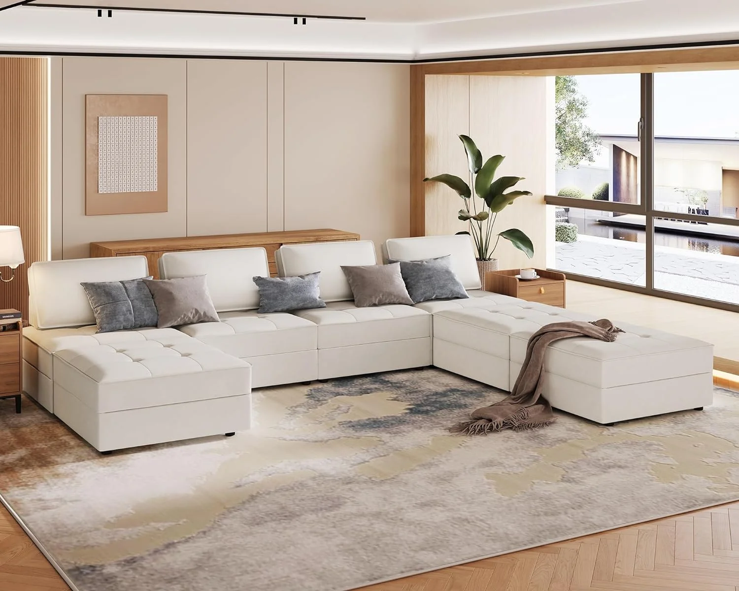 PaPaJet Sectional Sofa, 7 Seater Couch- Convertible U Shaped Sectional Sofa for Living Room(Velvet,Beige)