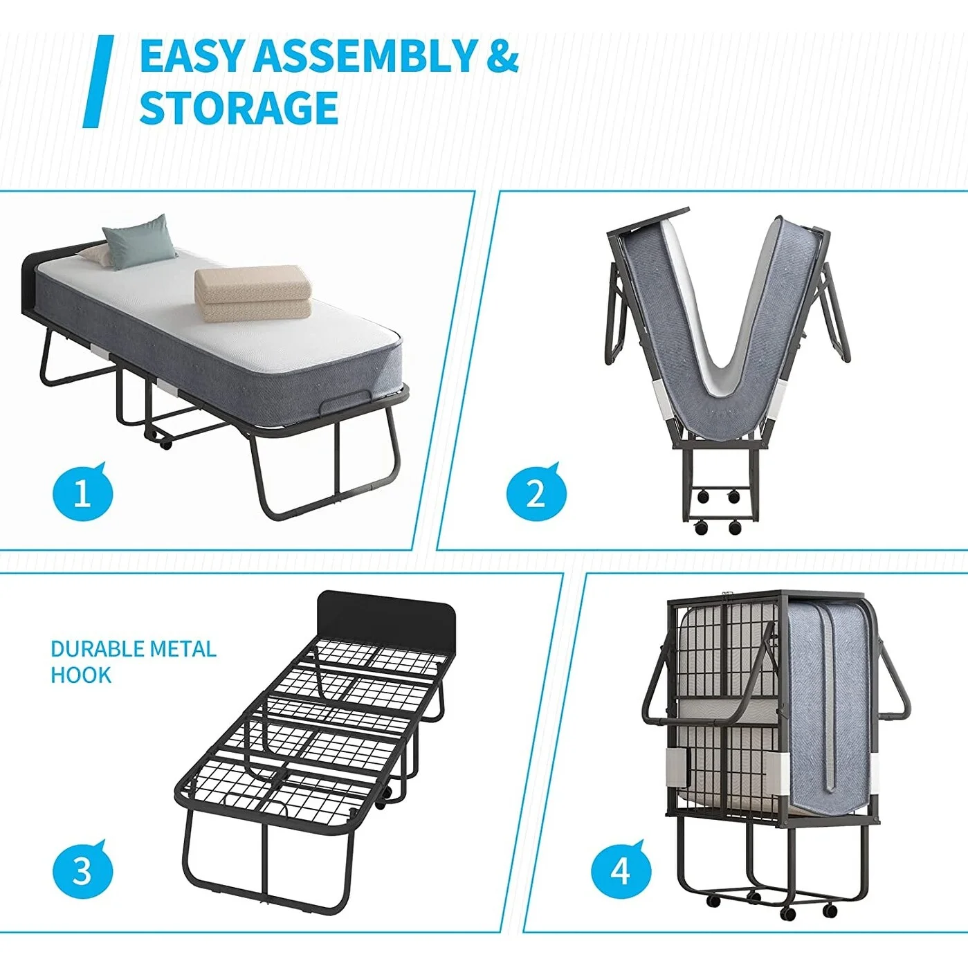 Mixoy Folding Bed with Mattress and Headboard|Space Saving Foldable Bed with Foam Mattress | Bed Frame with Wheels