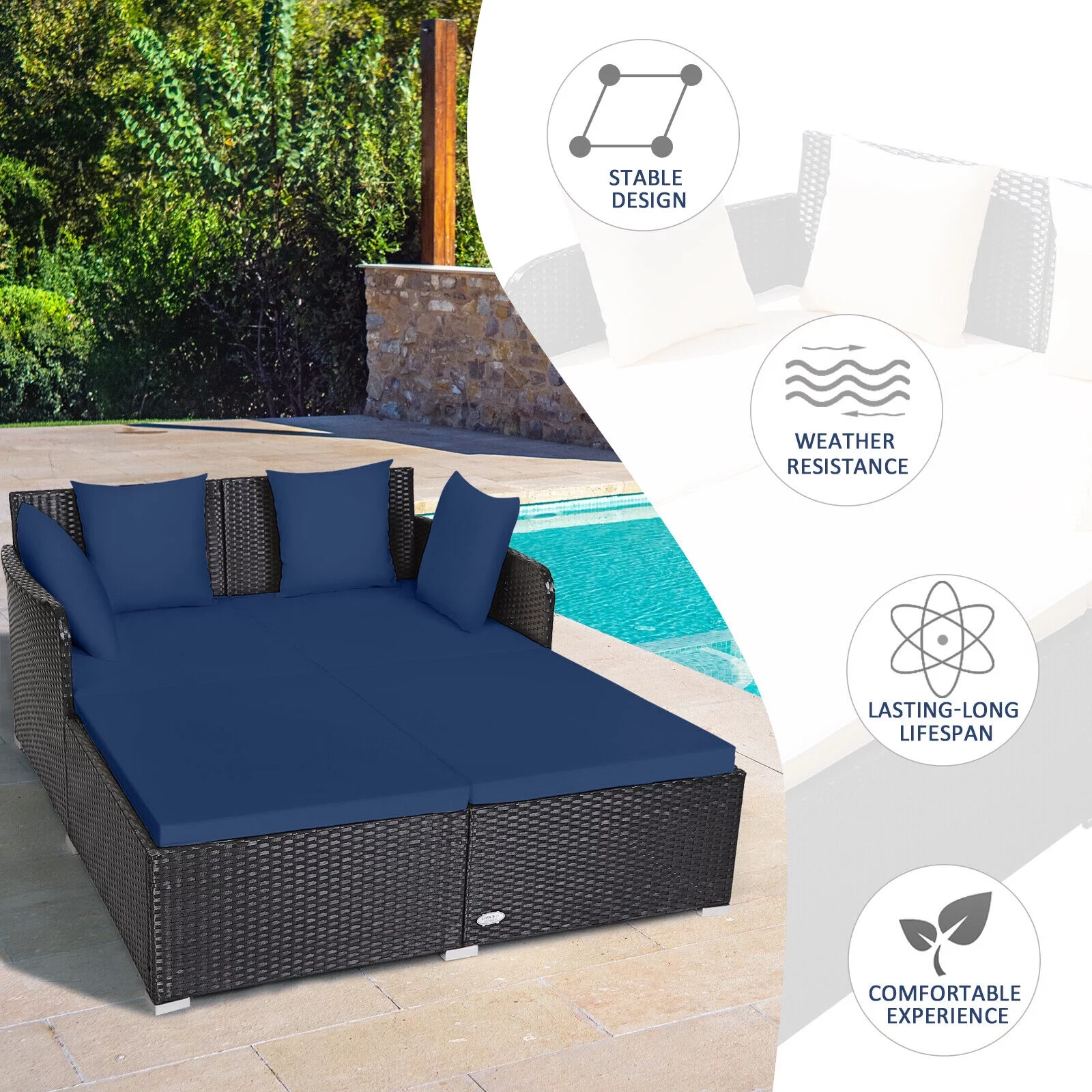 Outdoor Patio Rattan Daybed Cushioned Patio Conversation Set Sofa Furniture, Navy