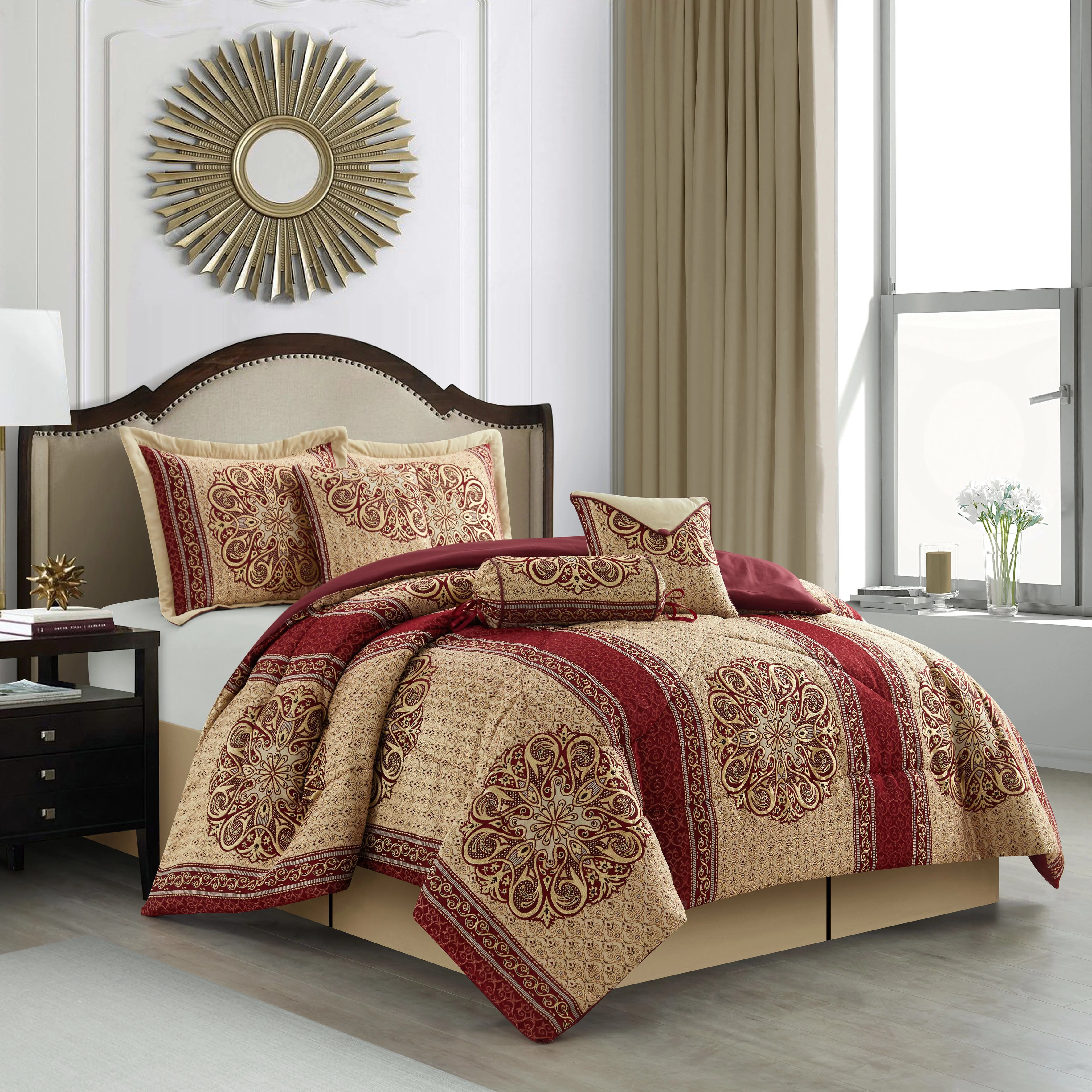 Lanco 7 Piece Comforter Sets, Burgundy Bedding Sets, Queen Size with Shams, Bed Skirt, Elegant