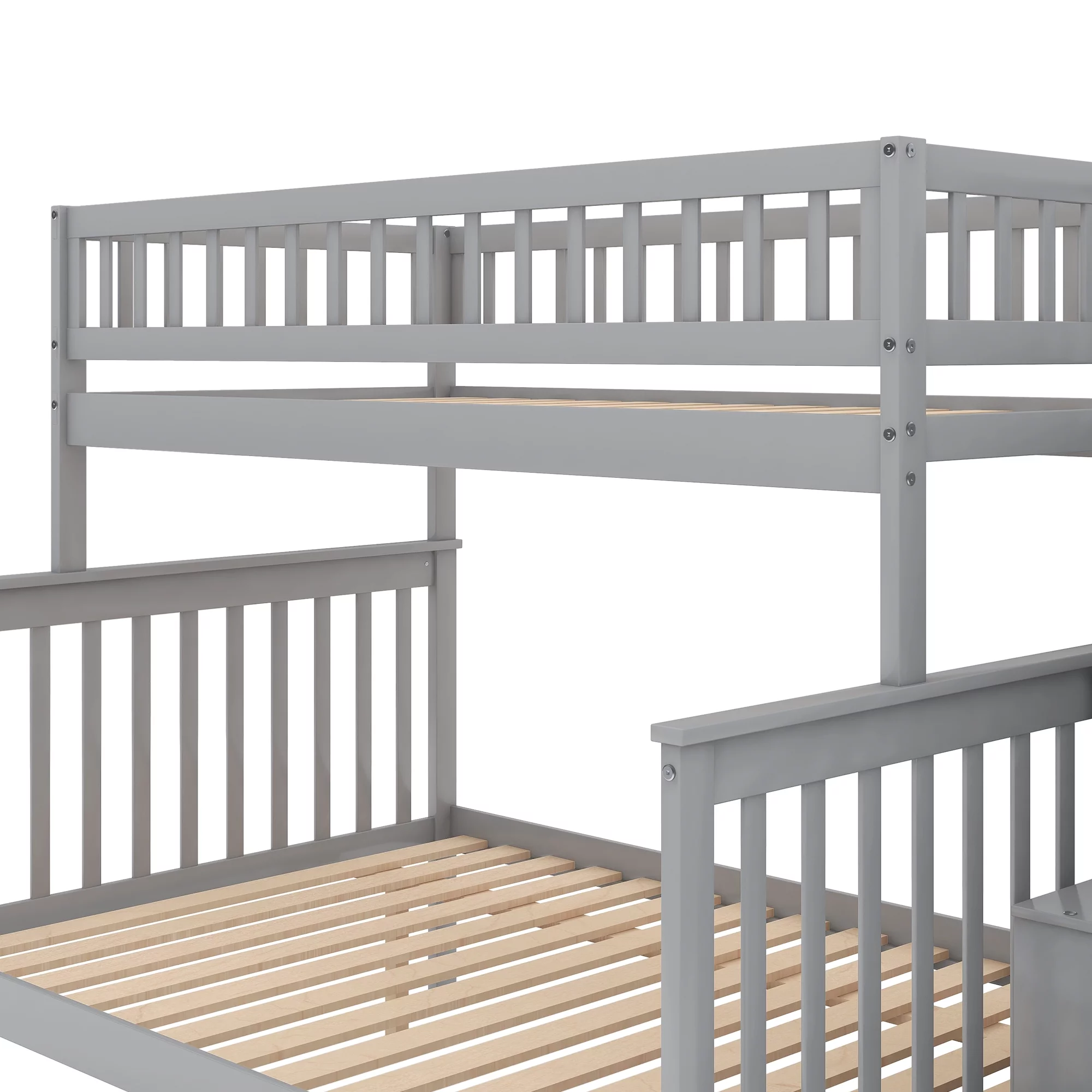 Leadzm Twin over Full Bunk Bed with Trundle and Staircase,Gray