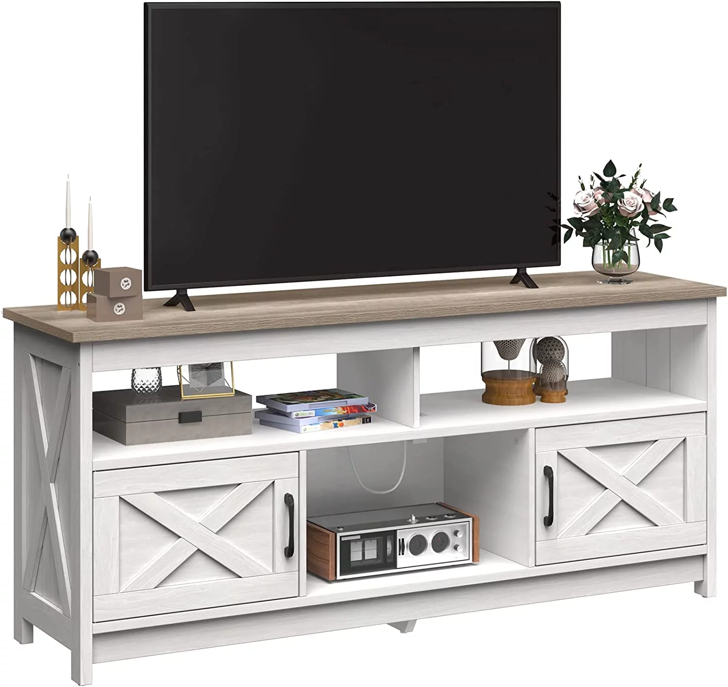 DEXTRUS Farmhouse TV Stand up to 65 inch with Power Outlet, Media Console with Storage Shelves for Living Room, Grey Wash