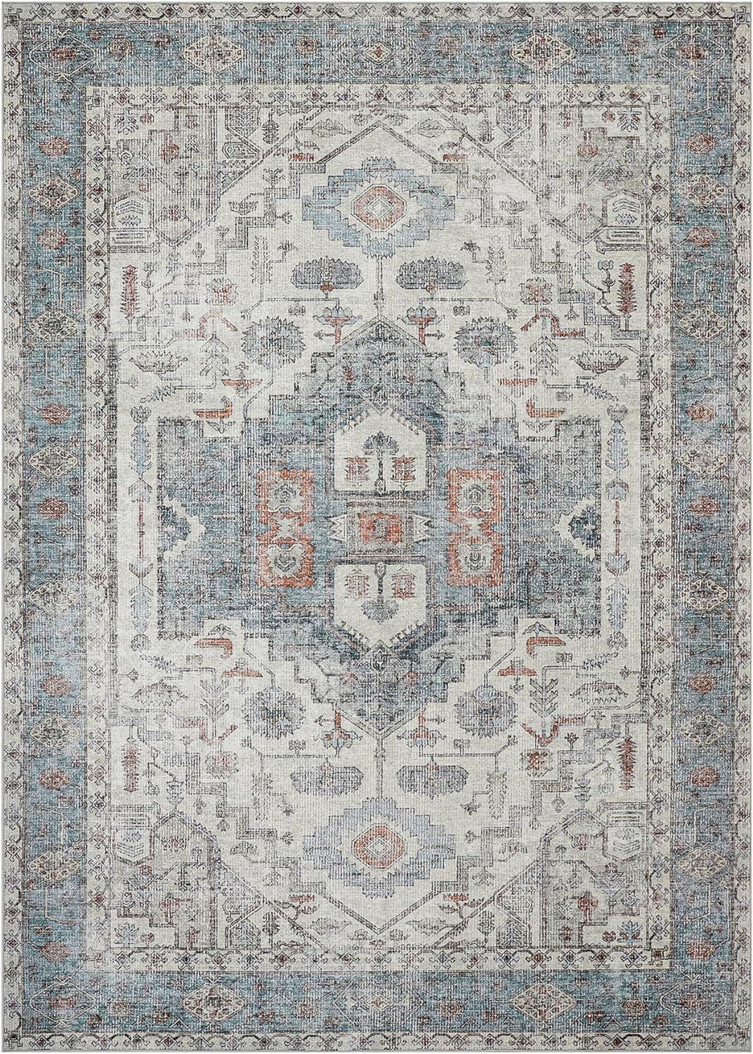 KUETH Tribal Machine Washable Area Rug 8x10, Vintage Distressed Print Thin Chenille Bedroom Living Room Accent Rug, Low Pile Lightweight Non Slip with Gripper