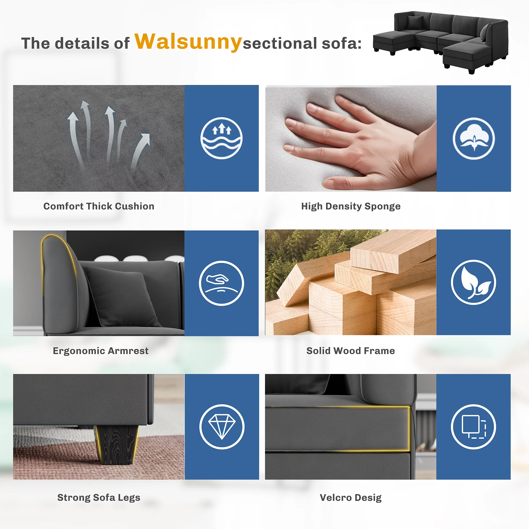 Walsunny Modular Sectional Sofa with Reversible Chaise, U-Shape Convertible Sectional Walsunny Couch with 6 Seats, Velvet Modern Sleeper with Ottomans