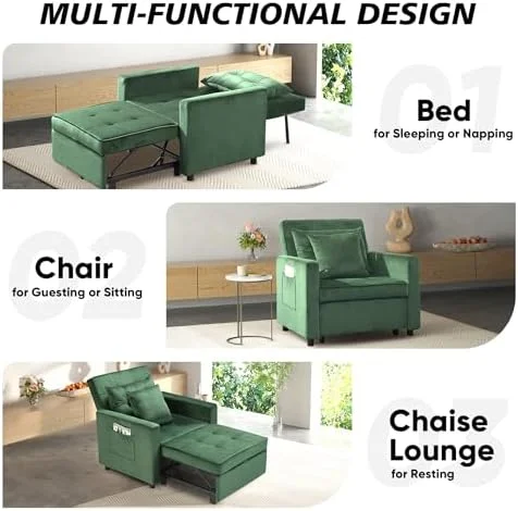 RUNFAYBIU Convertible Sofa Bed  Sleeper Sofa with Adjustable Backrest  Armchair  Sofa  Bed  3 in 1 Sleeper Chair  Single One  Yellow