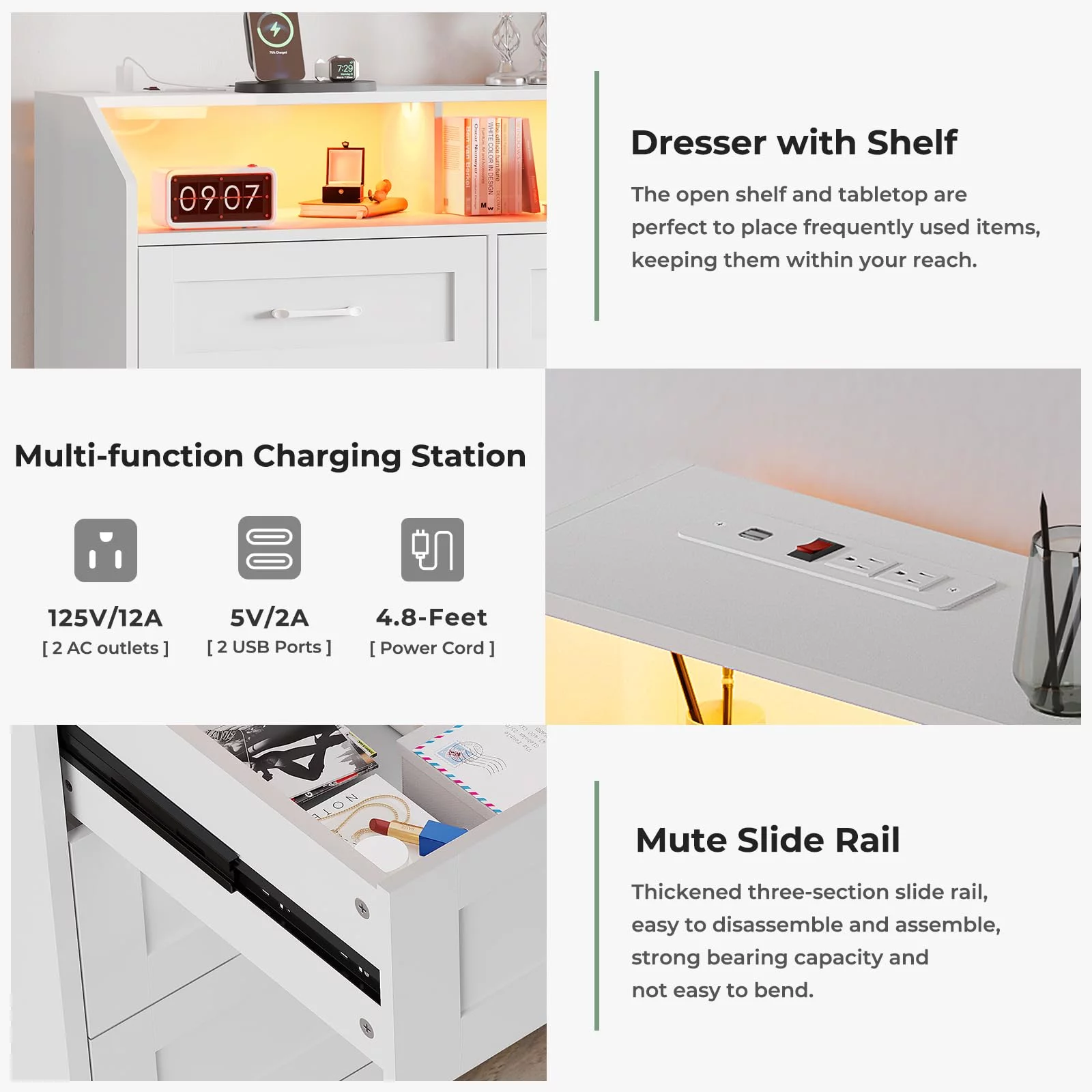 Dresser for Bedroom, 6 Drawer Dresser with LED Lights and Charging Station, White Finish