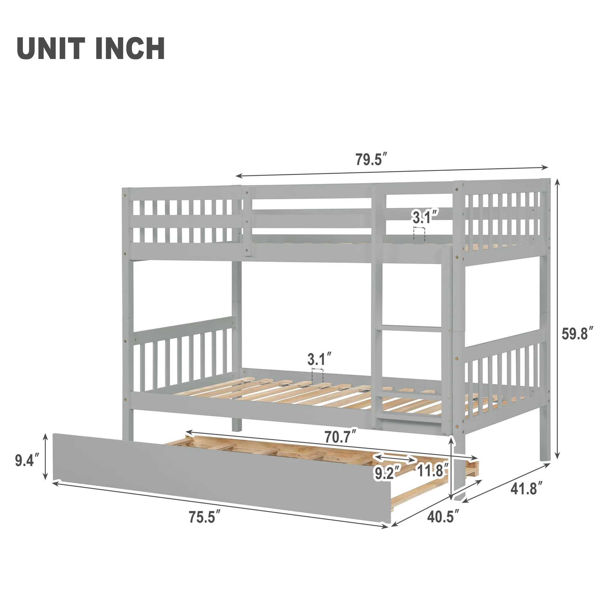 Bellemave Twin over Twin Bunk Bed with Trundle, Convertible Wood Bunk Bed with Ladder and Guardrails for 3 Kids, Teens, No Box Spring Needed (Gray)