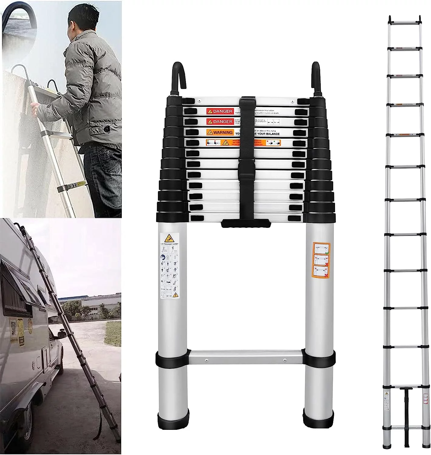 Telescoping Ladder 16FT Aluminum Telescopic Ladder with 2 Detachable Roof Hooks, Roof Ladder Extension Collapsible Ladder for RV, Multi-Purpose Folding Ladder, Outdoor Work Ladder 330lbs Max Capacity
