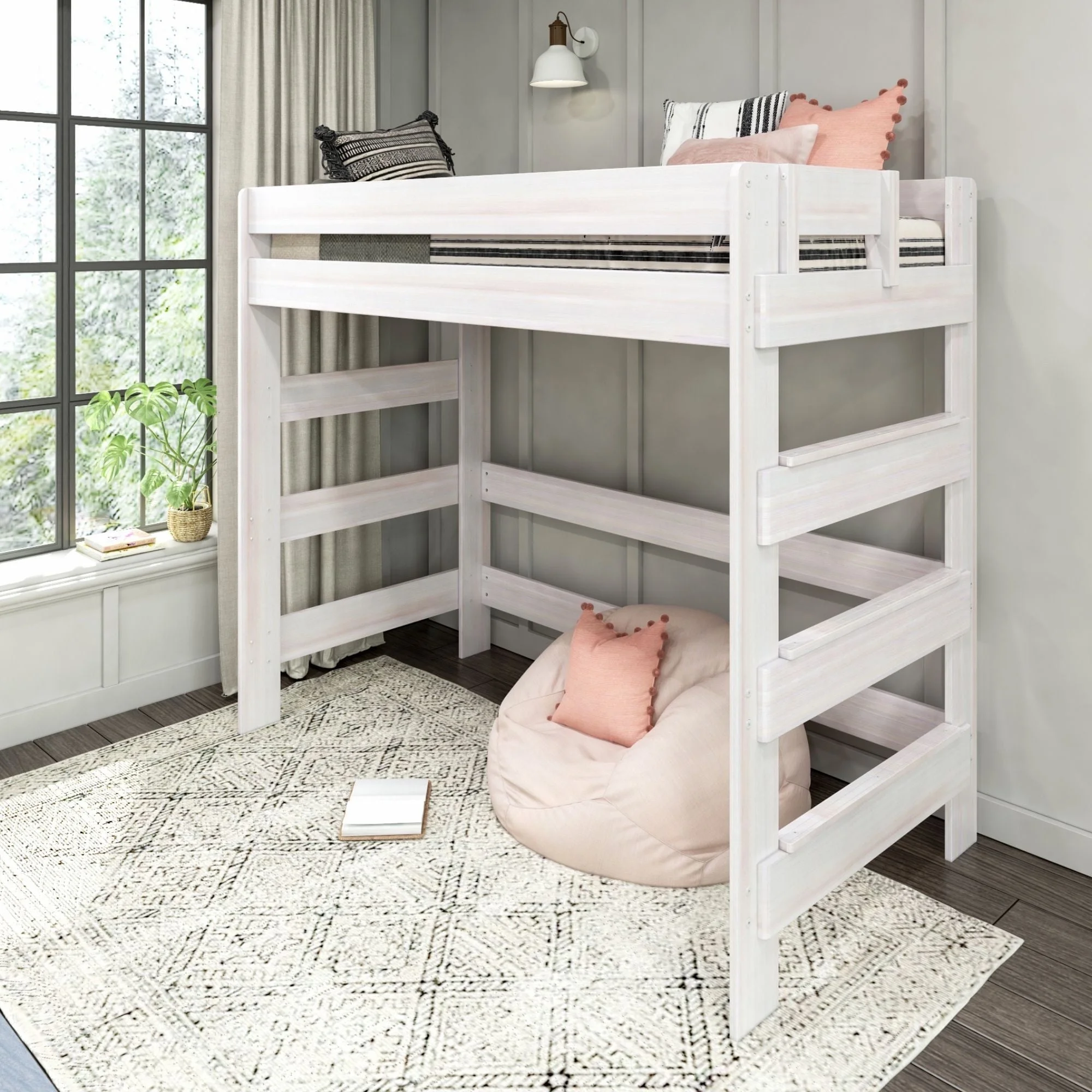 Max & Lily Modern Farmhouse High Loft Bed, Solid Wood Twin Loft Bed Frame for Kids, White Wash
